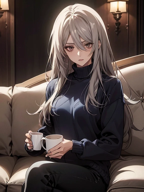 (Confused, High resolution, Very detailed), 1 female, Silver Hair,Long Hair,Reddish-brown eyes,Navy blue sweater,Jacket,Black skinny pants,24th generation,beauty,mature,thin,quiet,Calm,Talking,sofa,Mug