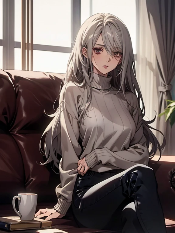 (Confused, High resolution, Very detailed), 1 female, Silver Hair,Long Hair,Reddish-brown eyes,Navy blue sweater,Jacket,Black skinny pants,24th generation,beauty,mature,thin,quiet,Calm,Talking,sofa,Mug