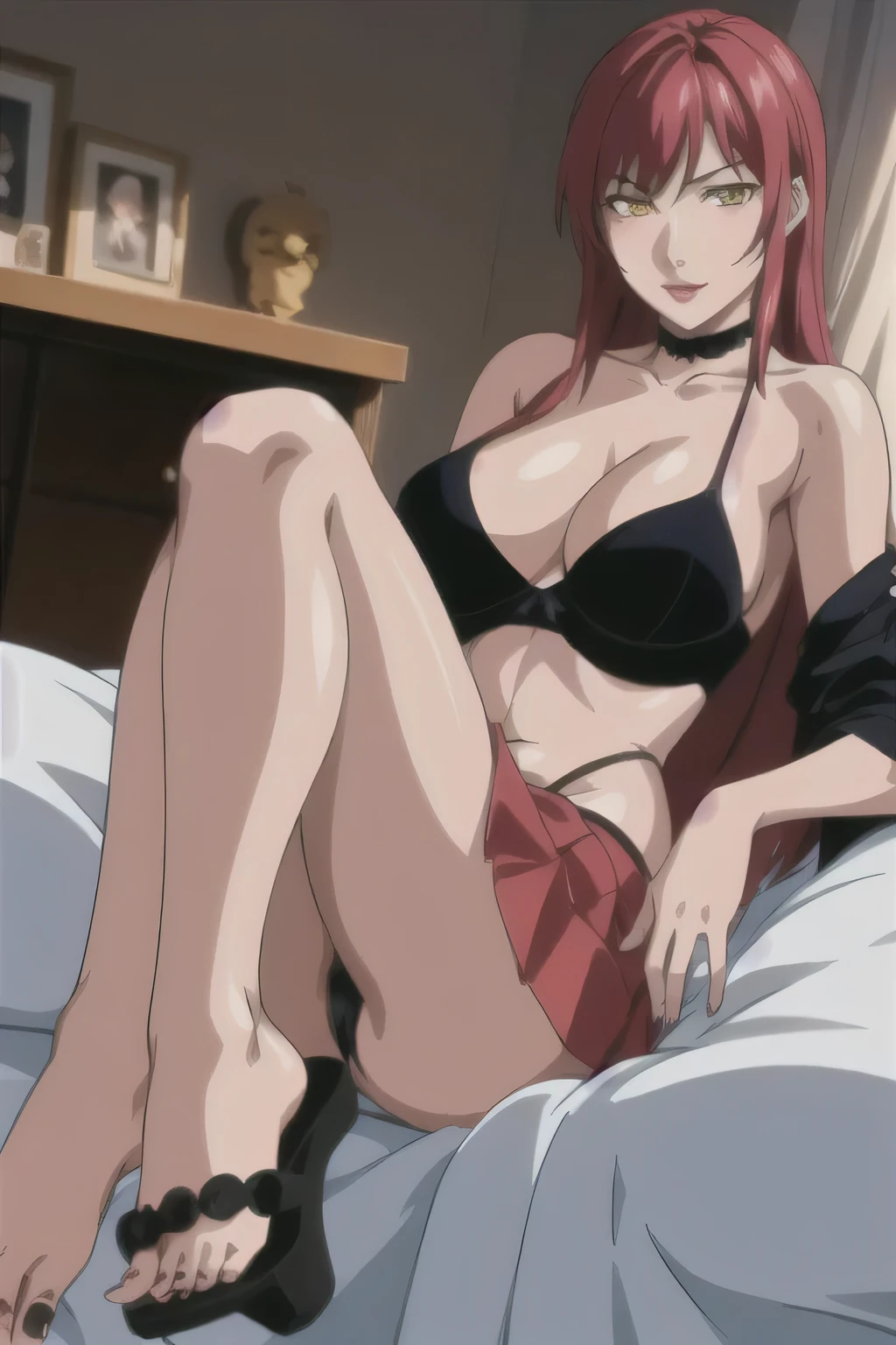 masterpiece, best quality, highres, 1 girls, hirokotakashiro, micro ruffle skirt, black off shoulder crop top , bedroom, full body shot, (smug:0.3), looking at viewer, focus solo, y pose, crossing legs, matlip flopetailed feet, busty, cleavaedhead,ve, dangling shoes, red eyeshadow, glossy lips, black choker, long hair, playing on bed, complete body, seducing, yellow eyes, black thong,