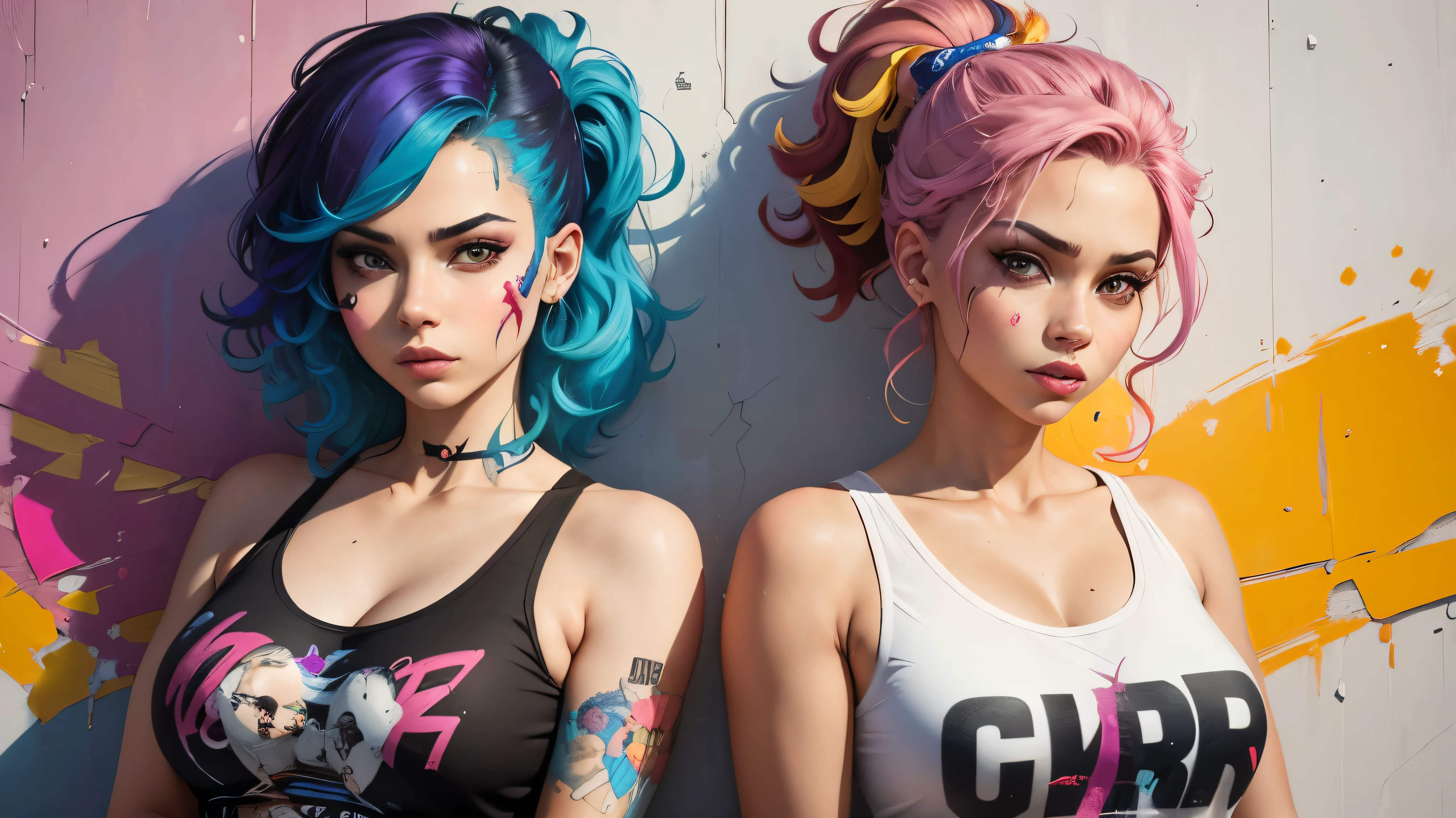 a painting of 2 women with colorful hair and a white tank top, graffiti art inspired by Sandra Chevrier, trending on Artstation, street art, art of alessandro pautasso, beautiful art uhd 4 k, detailed painting 4 k, expressive beautiful painting, street art 8 k, stunning art style, colorful art, stunning artwork, beautiful digital artwork, stunning painting