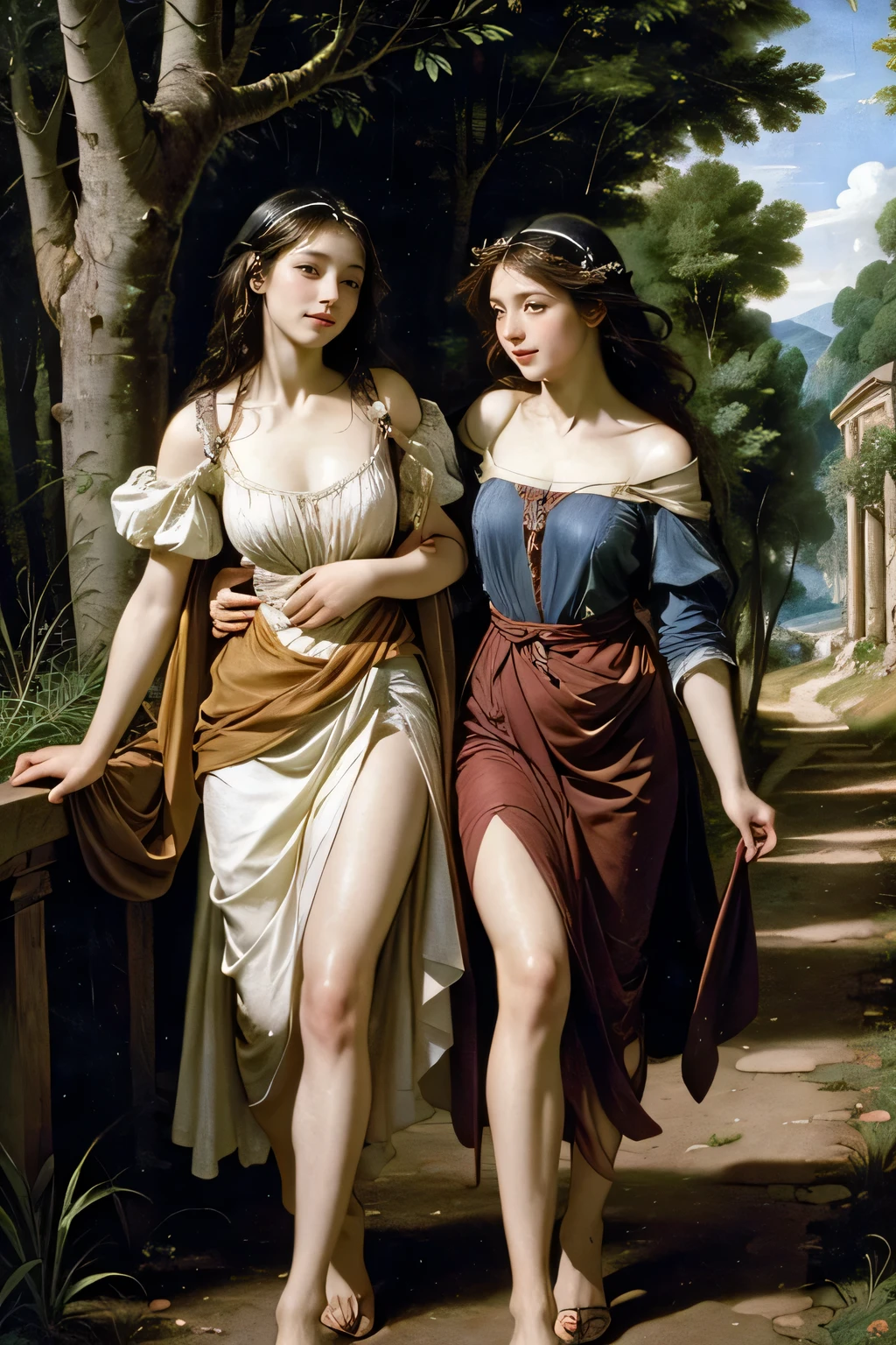 Giorgione painting style,Barbizon forest A beautiful woman in Greek dress smiles on the shore,Sweet and seductive appearance.、Caravaggio's paintings、Chiaroscuro of Caravaggio、hair tousled by the wind,Two women frolicking,cute smile, expression of ,Sexy,erc, fuy portrait
