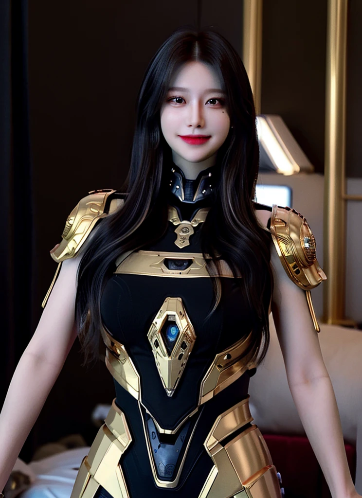 Armoured girl, realistic, long hair, golden black robotics, smile,