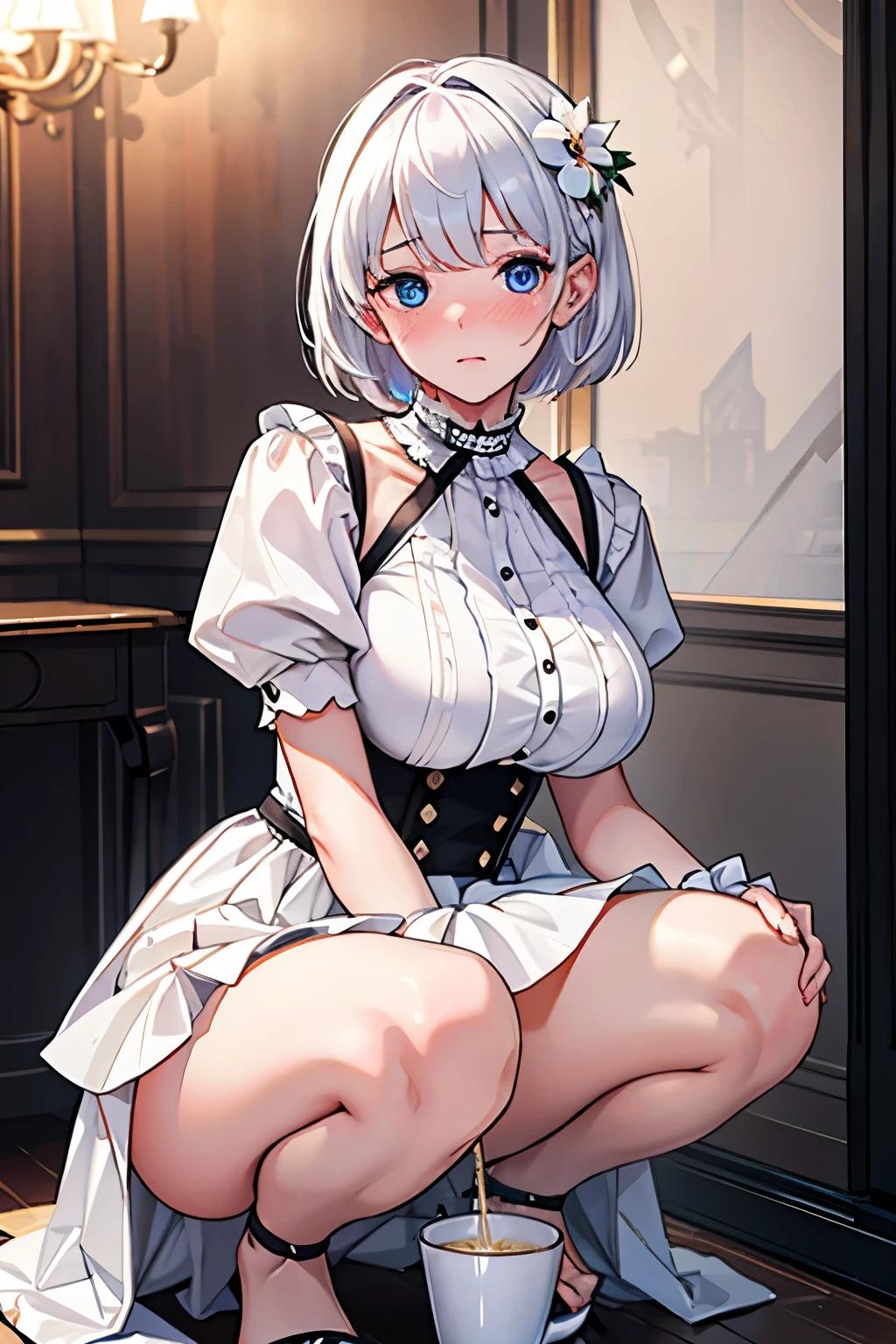 **** girl, baby face, squatting, (pee, peeing,peeing in cup,cup), large breasts, white dress, impossible clothes, white hair, short hair, flower on hair, embarrassed, nose blush, masterpiece, high quality, best quality, beautiful, hd, perfect lighting, detailed face, detailed body, masterpiece, best quality, intricate details, 8k uhd, perfect face, perfect eyes