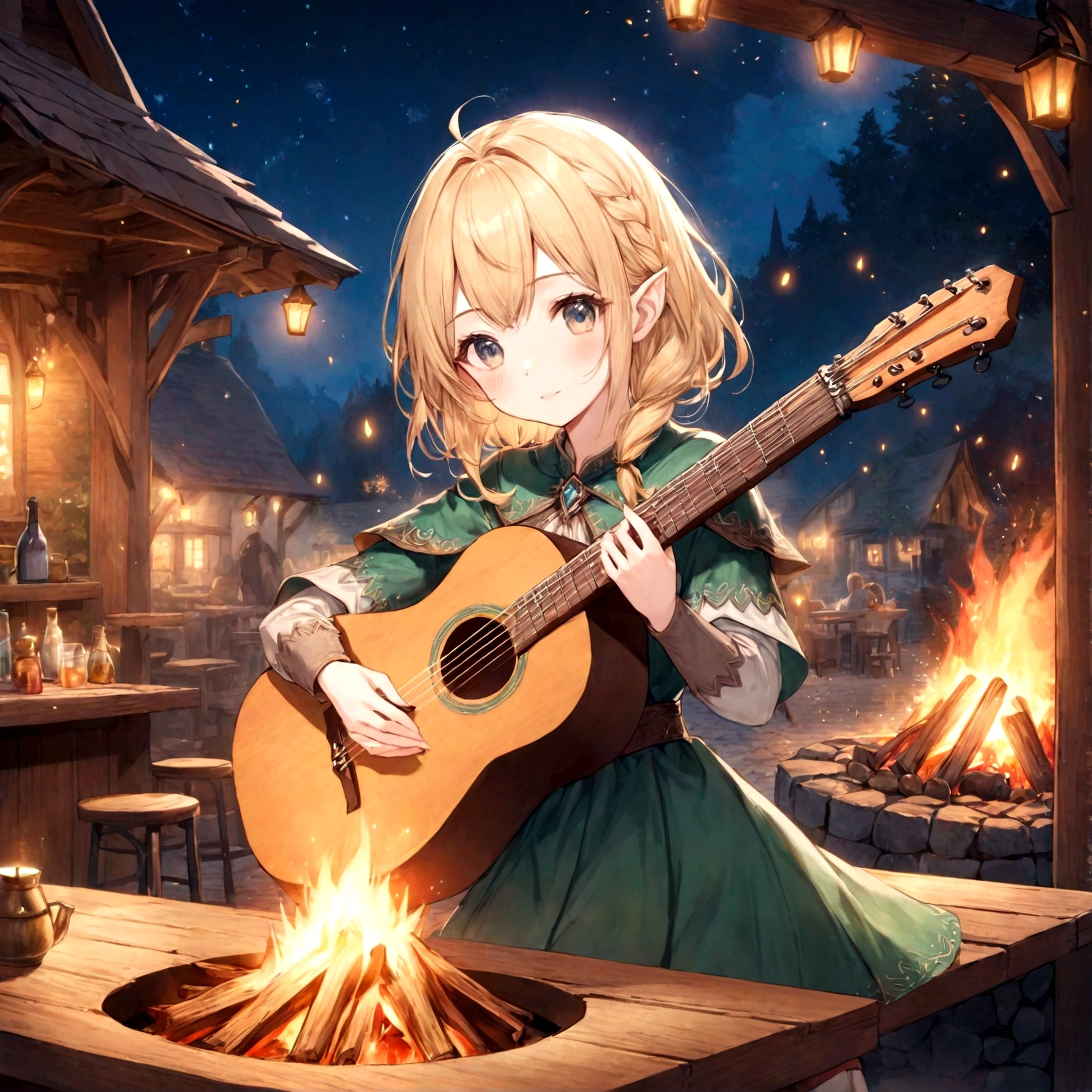 Pastel watercolor painting, fantasy game worldview, medieval European outdoor tavern, soft light, wooden counter, cute, adorable, animation style, relaxing atmosphere, dreamland, beautiful adult female elf playing wooden guitar, blonde hair, in front of a bonfire, night atmosphere, flying sparks, beautiful face, 8k, high resolution, ultra high quality, clear lines, animation style,