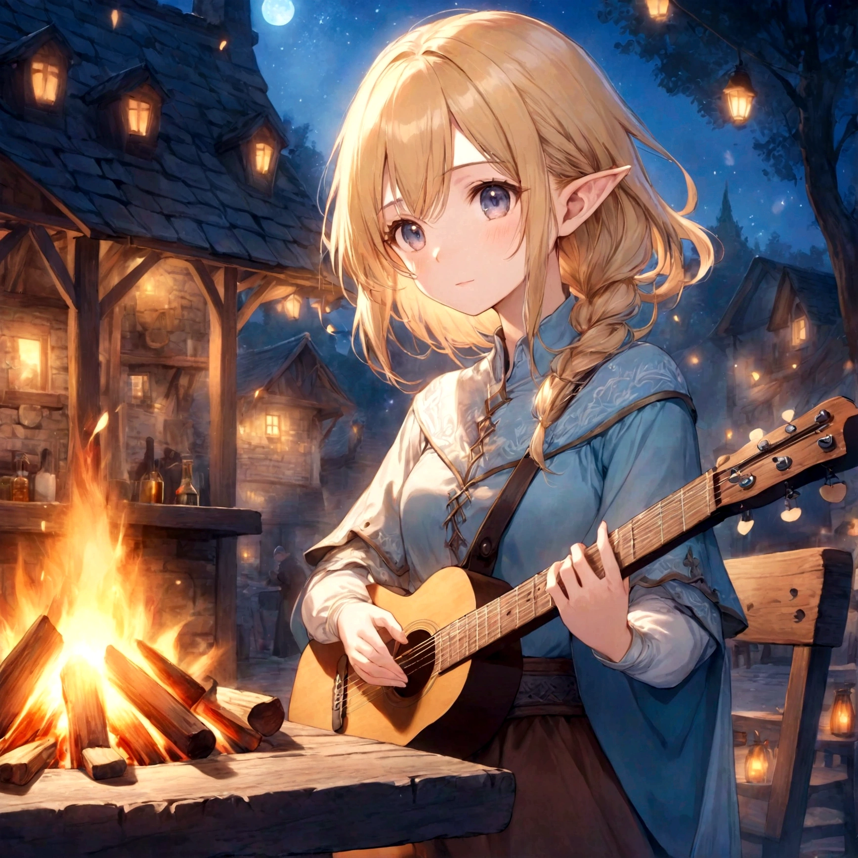 Pastel watercolor painting, fantasy game worldview, medieval European outdoor tavern, soft light, wooden counter, cute, adorable, animation style, relaxing atmosphere, dreamland, beautiful adult female elf playing wooden guitar, blonde hair, in front of a bonfire, night atmosphere, flying sparks, beautiful face, 8k, high resolution, ultra high quality, clear lines, animation style,