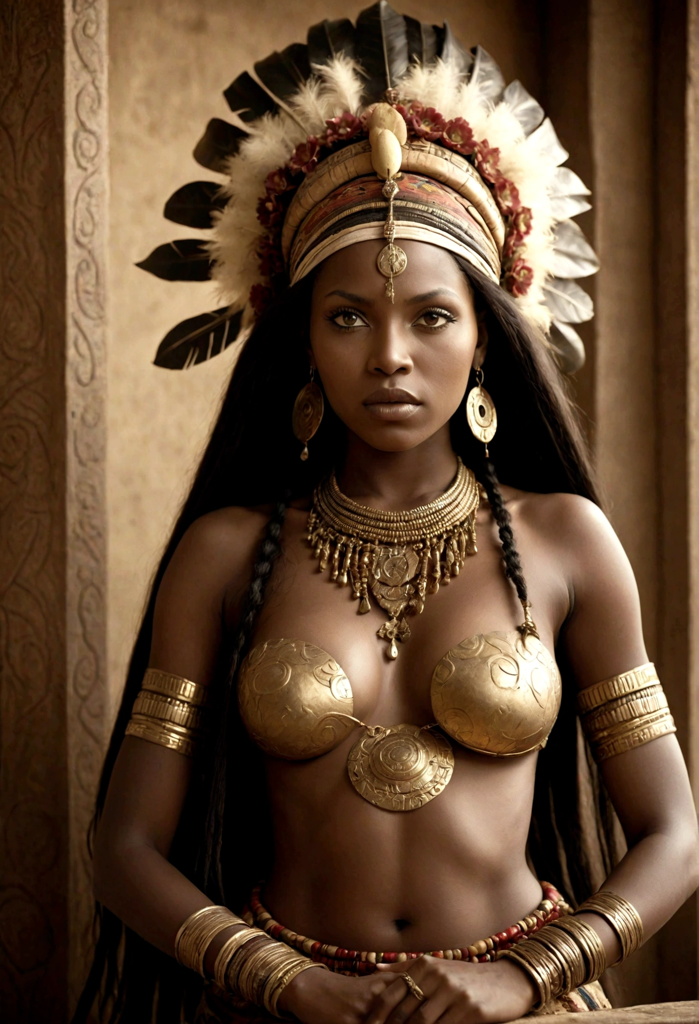 antique analog vintage, black tribal goddess, African tribal clothing: 1.2, high skirt, cleavage, bare breasts,, black-skinned woman, having sex with ebony 1 male, ebony, rich African woman, golden tribal headdress, gold rings, necklace heavy gold, heavy gold bracelets, long black hair, large sagging breasts, puffy nipples, full lips, wide open eyes, cowgirl, tribal palace, flowers, fruits, raw, photo, realistic, cinematic, intricate details, expressive,, stained vignette, highly detailed found footage, desaturated faded film, film skratches and dust, Photo color, Photo lighting, cinematic angle composition, 50mm