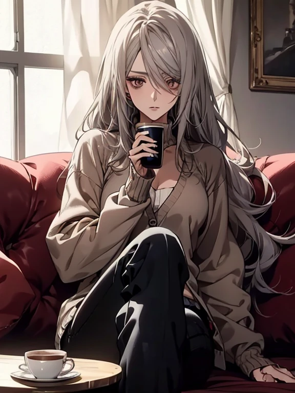 (Confused, High resolution, Very detailed), 1 female, Silver Hair,Long Hair,Reddish-brown eyes,Blue sweater,cardigan,Black skinny pants,24th generation,beauty,mature,thin,quiet,Calm,Talking,sofa,Mug