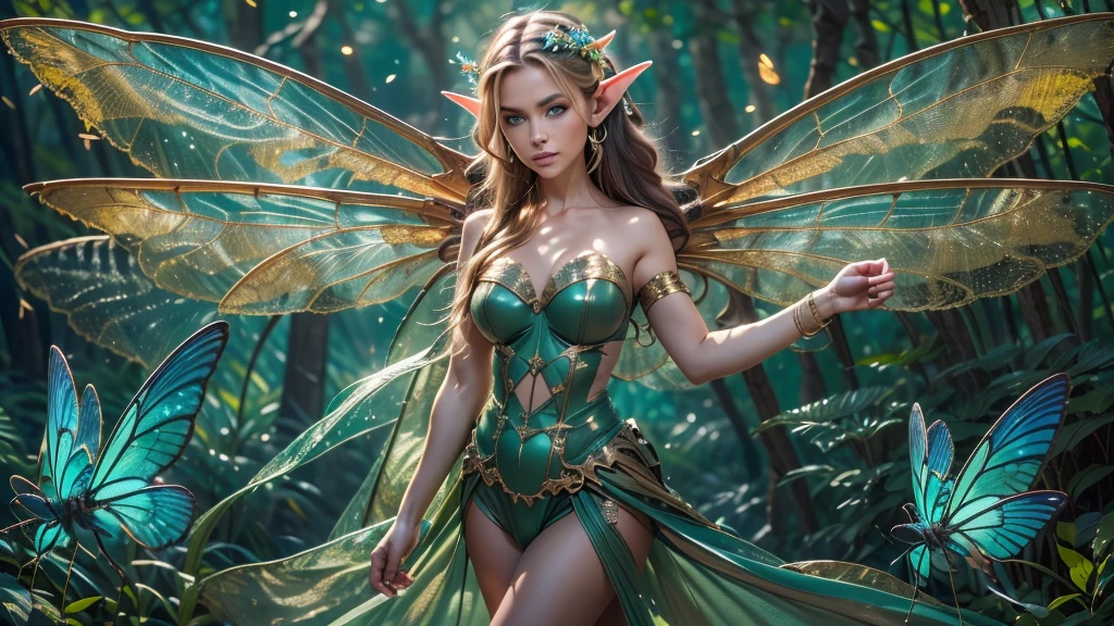 Beautiful faerie woman, elf ear, flying, centered holographic dragonfly wings, glowing blue eyes, detailed proportional hand, proportional body, firm breast, silk tutu, frank Frazzetta painting style, (Best Quality:1.4), (Ultra-detailed), (extremely detailed CG unified 8k wallpaper), Highly detailed, RAW Photos, Professional Photography, plein air, Illumination, (Super fancy photos:1.4), (Dazzling light), Radiant Photography, depth of fields