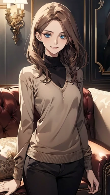 (highest quality,High resolution,Very detailed),1 girl, Beautiful and elegant light blue eyes, Brown Hair, Cold Smile,Medium Hair,pants,Wearing a black V-neck sweater, Mature Woman, Age 27,Cruel smile, Calm and Calm,secretary, Slim figure, Pale complexion, thin, Calm, sofa,Talking,Mug,Black tea