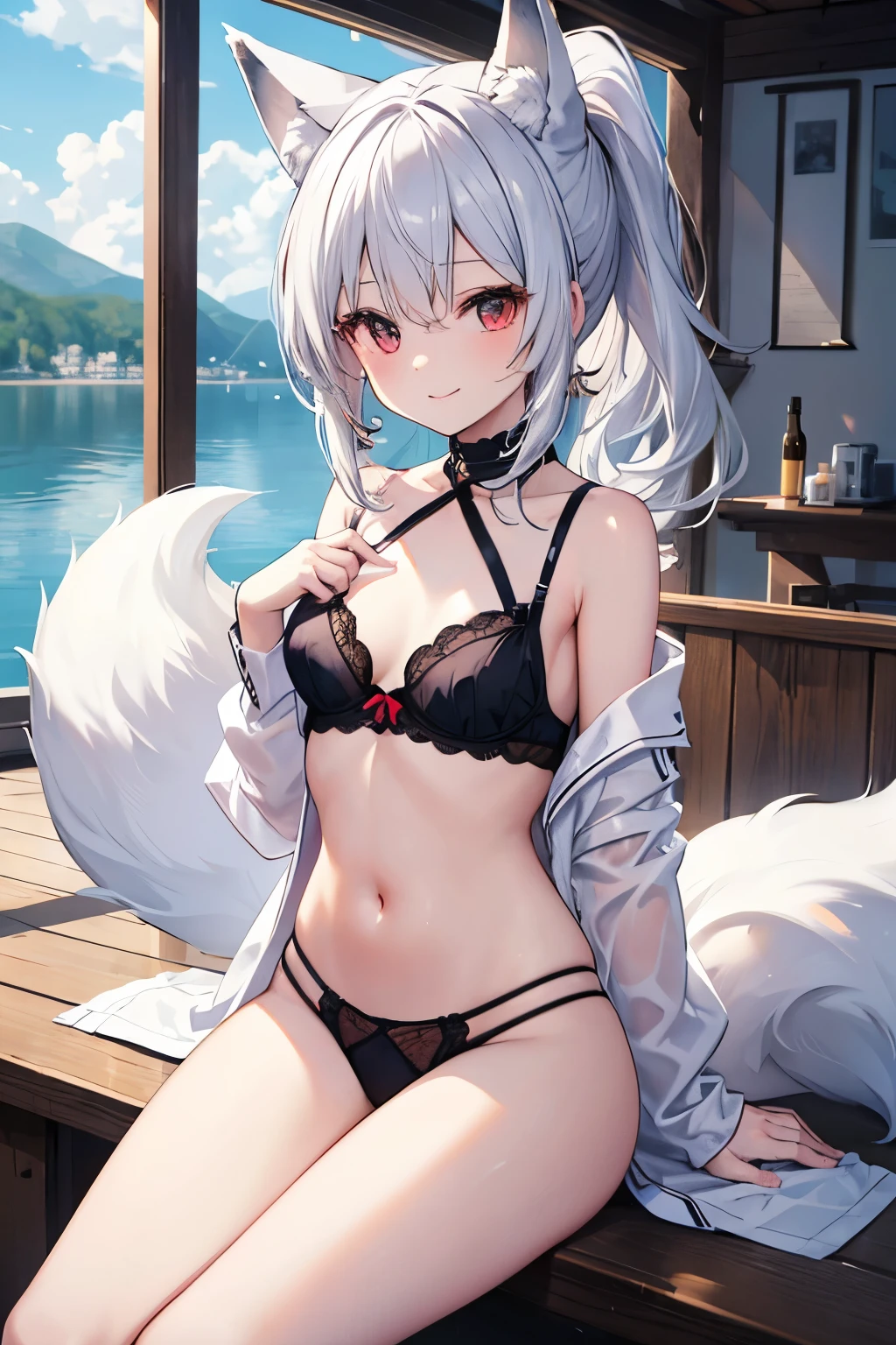 Silver Hair、Red Eye、Fox Ears、Fluffy fox tail、girl、Small breasts、ponytail、girl、Small breasts、ta、Bright smile、Looks like 13 yan Musume、目のhighlight、lingerie、Being on the lake、Sexy thighs、Your eyes are so beautiful、highlight