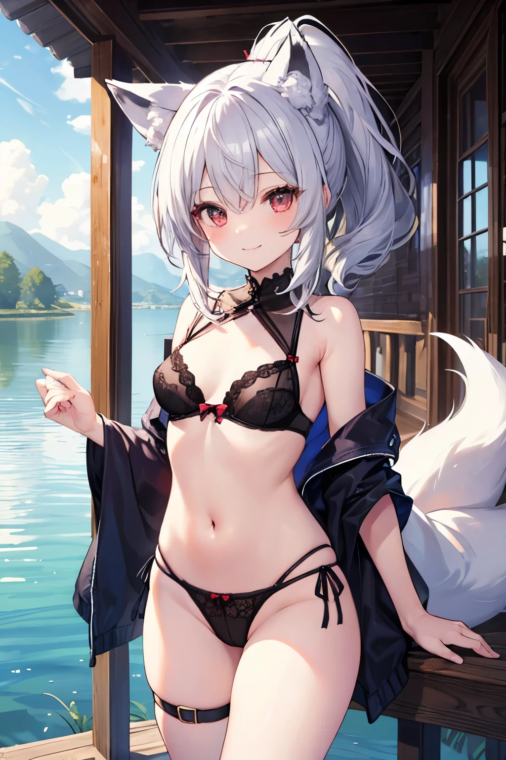 Silver Hair、Red Eye、Fox Ears、Fluffy fox tail、girl、Small breasts、ponytail、girl、Small breasts、Lolita、Bright smile、Looks like 、Petan Musume、目のhighlight、lingerie、Being on the lake、Sexy thighs、Your eyes are so beautiful、highlight