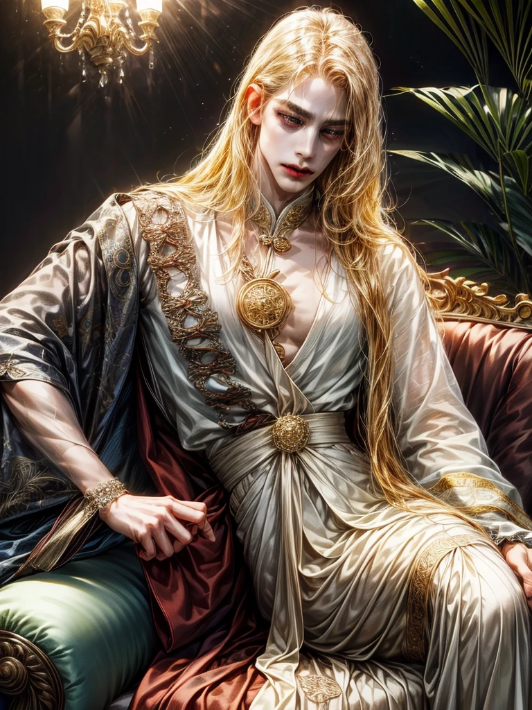 One Handsome male, long blonde hair, sleek body, small waist.
Fine eyes and detailed fine face.
Silk and jewerly ( diamonds, safires, rubies and gold) on his intricate and lusciously detailed hanfu clothing. Jewerly belt around waist.
Posing seductively on a couch.
Flowers and plants around him.
Cinematic lighting effects
Masterpiece Artwork
AbsurdRes
High Definition level of art style
HDR