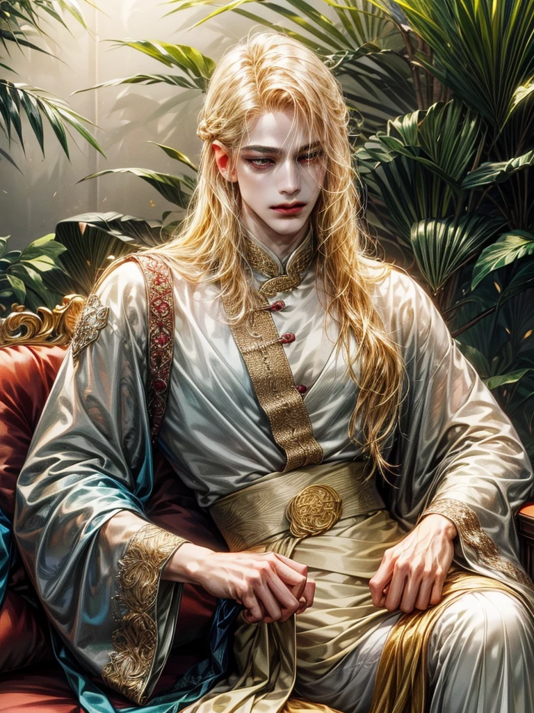 One Handsome male, long blonde hair, sleek body, small waist.
Fine eyes and detailed fine face.
Silk and jewerly ( diamonds, safires, rubies and gold) on his intricate and lusciously detailed hanfu clothing. Jewerly belt around waist.
Posing seductively on a couch.
Flowers and plants around him.
Cinematic lighting effects
Masterpiece Artwork
AbsurdRes 
High Definition level of art style
HDR