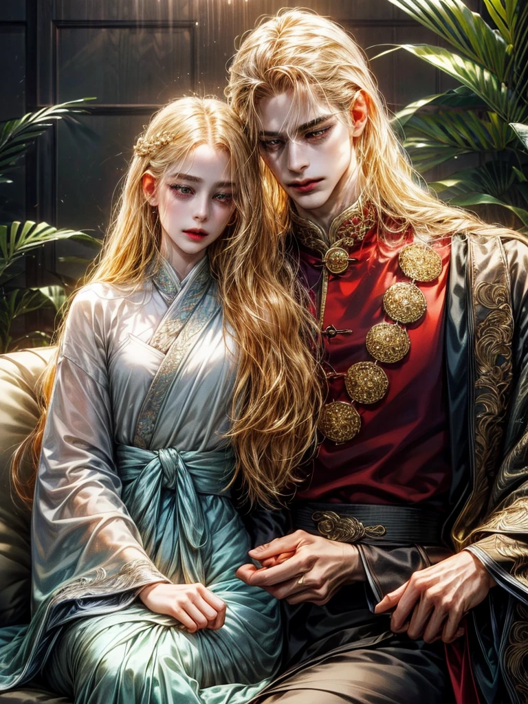 One Handsome male, long blonde hair, sleek body, small waist.
Fine eyes and detailed fine face.
Silk and jewerly ( diamonds, safires, rubies and gold) on his intricate and lusciously detailed hanfu clothing. Jewerly belt around waist.
Posing seductively on a couch.
Flowers and plants around him.
Cinematic lighting effects
Masterpiece Artwork
AbsurdRes
High Definition level of art style
HDR