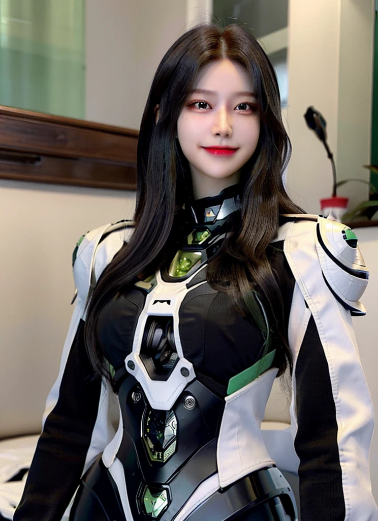 Armoured girl, realistic, long hair, lite green black robotics, smile,