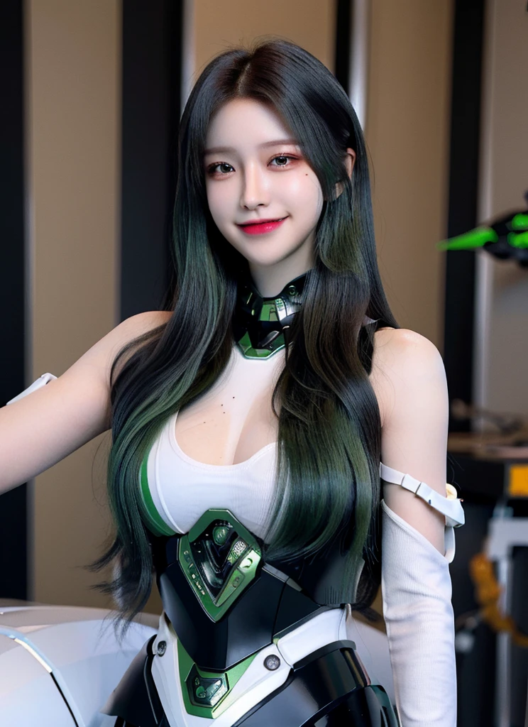 Armoured girl, realistic, long hair, lite green black robotics, smile,