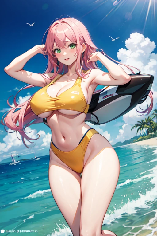 creates a 20-year-old anime girl on a jet ski with ample hips and big breasts wearing a yellow swimsuit with a landscape of waves and beach pink hair and green eyes