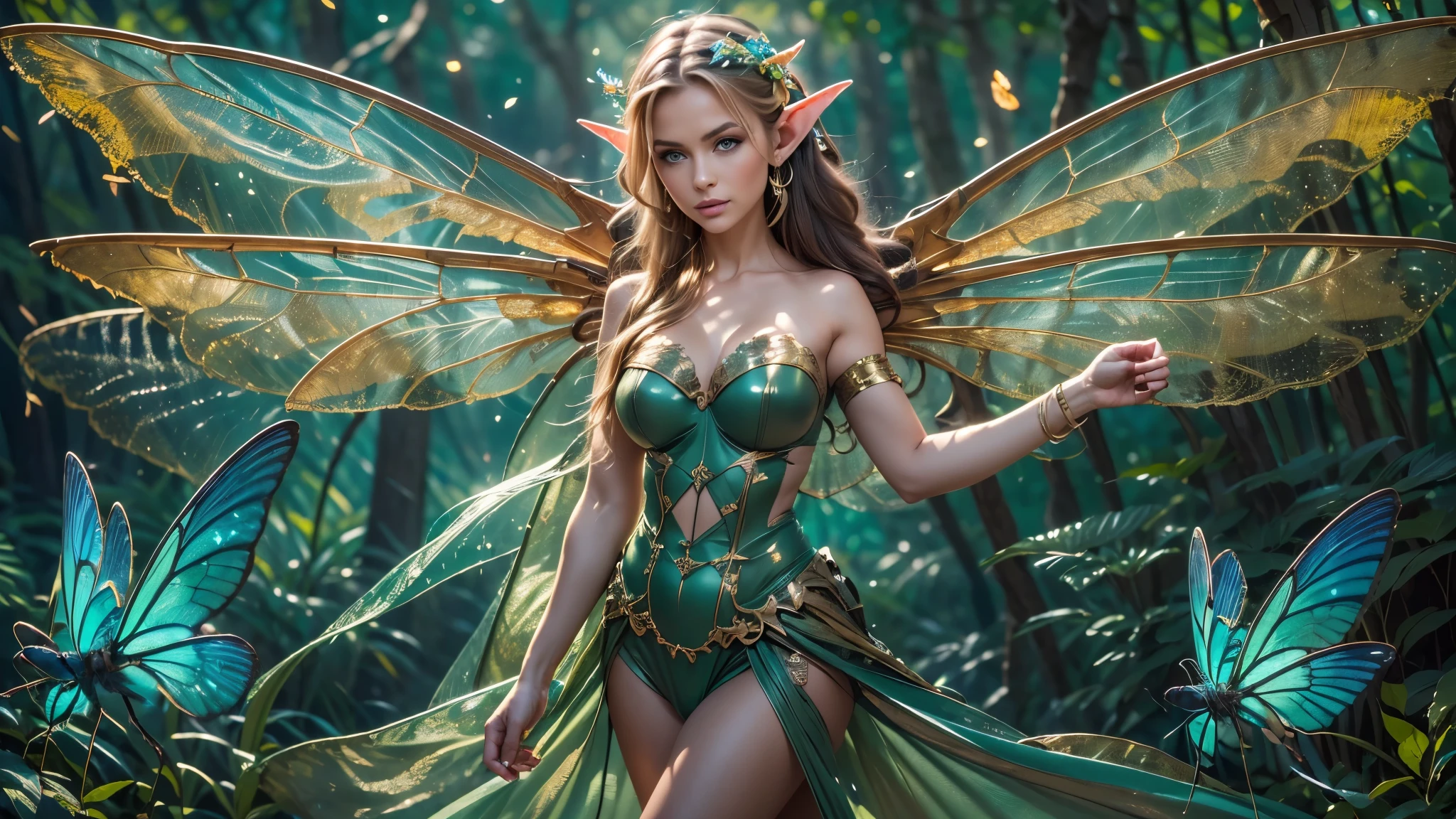 Beautiful faerie woman, elf ear, flying, centered holographic dragonfly wings, glowing blue eyes, detailed proportional hand, proportional body, firm breast, silk tutu, frank Frazzetta painting style, (Best Quality:1.4), (Ultra-detailed), (extremely detailed CG unified 8k wallpaper), Highly detailed, RAW Photos, Professional Photography, plein air, Illumination, (Super fancy photos:1.4), (Dazzling light), Radiant Photography, depth of fields