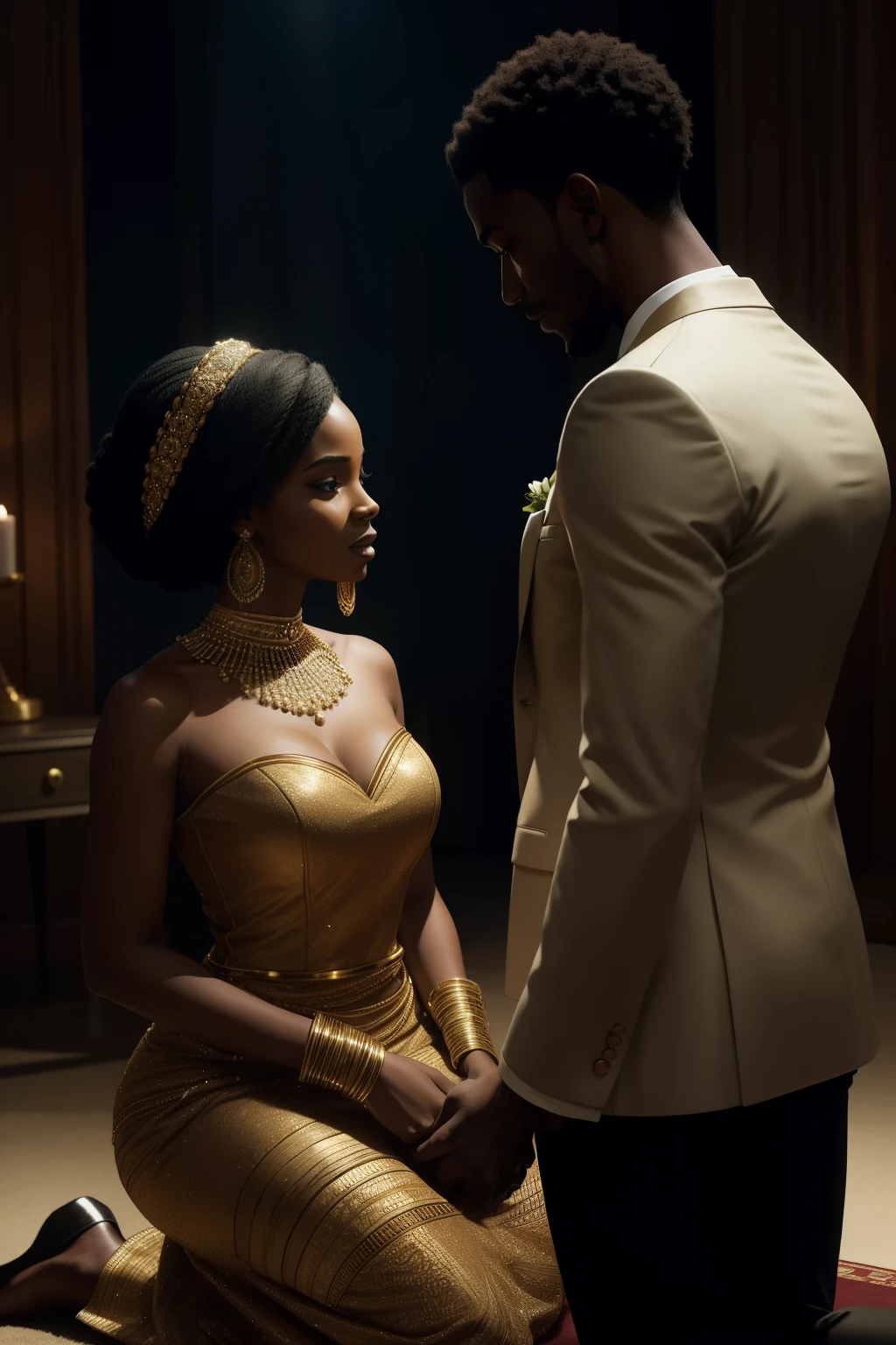 A striking African gentleman, elegantly dressed, is kneeling before a radiant black woman, offering her his sincere congratulations and expressing his pride in her. This scene takes place in a dimly-lit room, captured with a Dutch angle for dramatic effect. The woman's skin glows under the soft lighting, and she wearing an attractive, stylish dress. The moment is filled with a sense of warmth, achievement, and camaraderie.