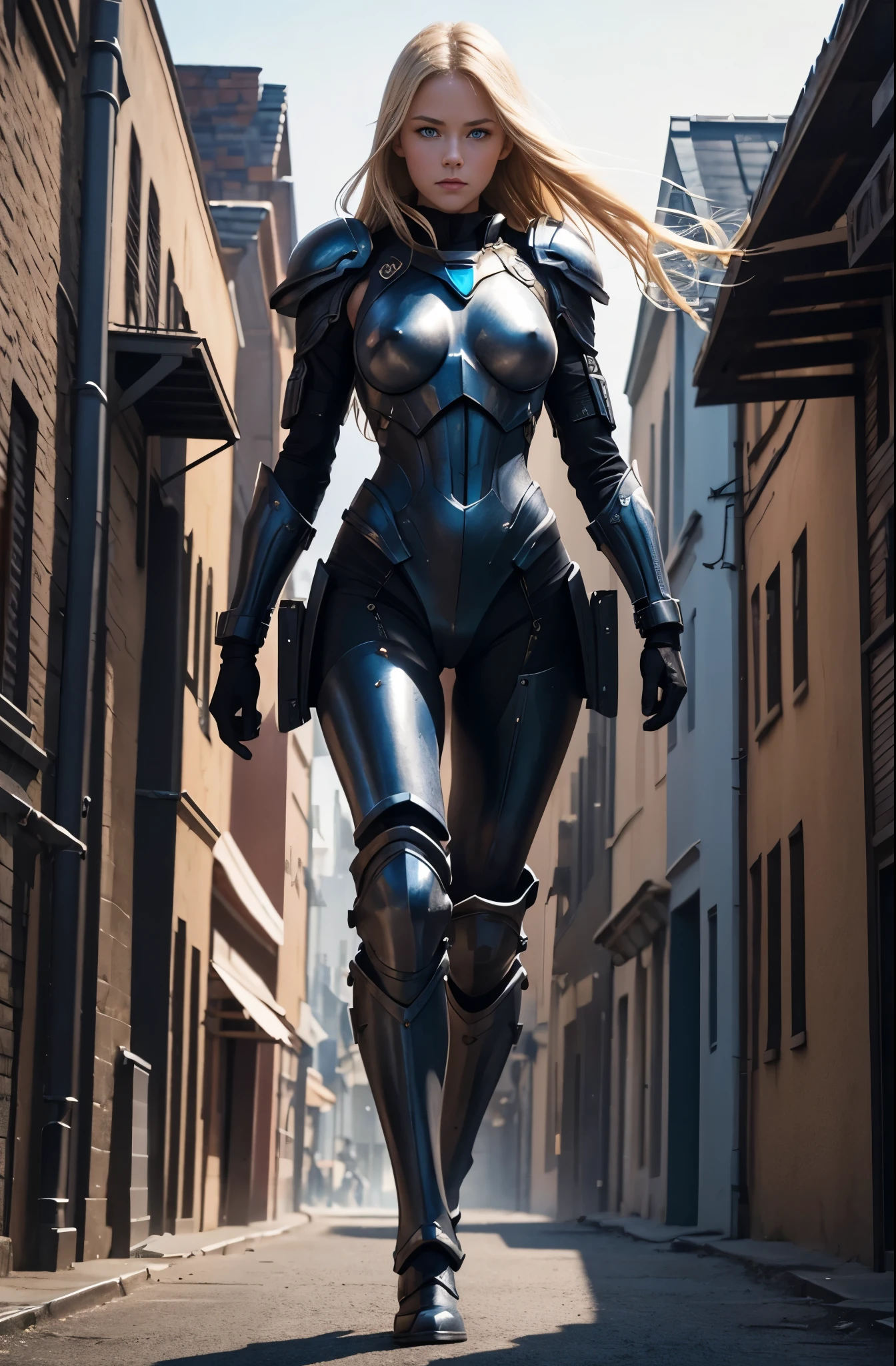 20 years old woman, ((full body)), ((nude)), blond, blue eyes, heavily armored in black color for fighting, beautiful chest, walking in the town of the unknown planet ship with her legs spread apart, zoom in from front below