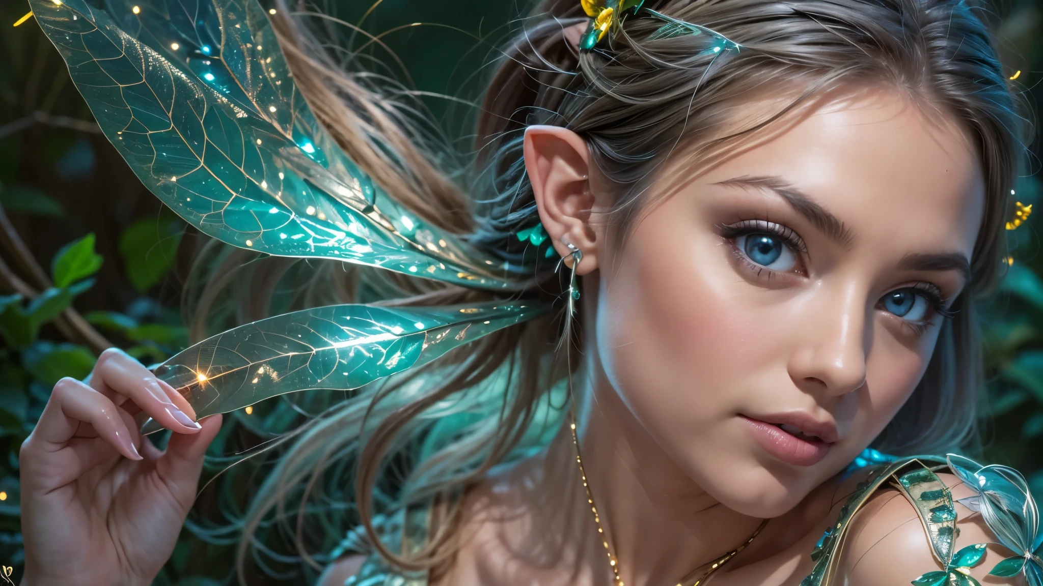 Beautiful faerie woman, elf ear, flying, centered holographic dragonfly wings, glowing blue eyes, detailed proportional hand, proportional body, firm breast, silk tutu, frank Frazzetta painting style, (Best Quality:1.4), (Ultra-detailed), (extremely detailed CG unified 8k wallpaper), Highly detailed, RAW Photos, Professional Photography, plein air, Illumination, (Super fancy photos:1.4), (Dazzling light), Radiant Photography, depth of fields