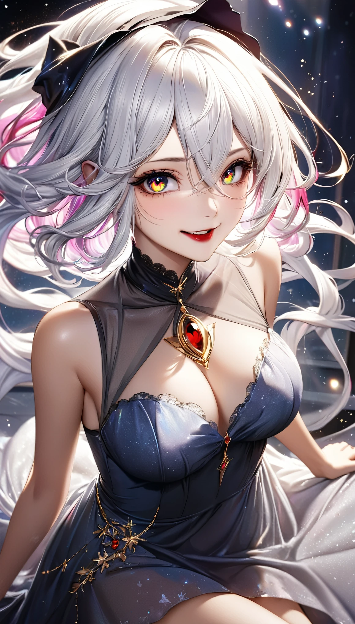 from above, best quality, super fine, 16k, incredibly absurdres, extremely detailed, delicate and dynamic, witch of unparalleled beauty, (eyes painted black, gold and red iridescent pupils), mischievous smile with upward glance, beautiful white hair blowing in the wind, wind effects, crimson lips, captivating look, aroused expression, wearing night dress, superlative body proportion, beautiful pose, bewitching aura, shiny rippling fabric with silky texture, luxurious room with carved gold, iridescent gemstone powder dust