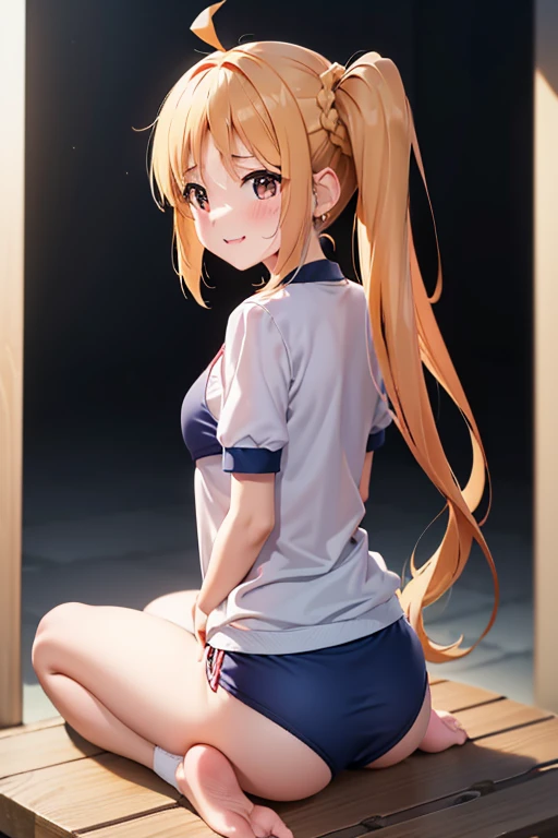 (Tabletop), highest quality, High resolution, 4K, One Girl, alone, blush、Shame face、Nice hands, 1 in, Side Ponytail, Long Hair, Ahoge, (Navy blue cuffs and white short-sleeved gym uniform)、(Bloomers are bikini type)、(
barefoot)、Navy blue socks、smile、Ground、Schoolyard、((Prone:1.3、Butt Lift、Backwards、look back))