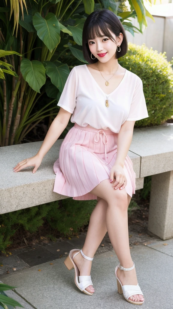 (8k, Photorealistic, Raw photo, Highest quality: 1.4),Japanese idol style1Beautiful girl of the person,18-year-old,Short bob hairstyle,Black Hair,She has her hair tucked behind her ears,She has small earrings in her ears,Big, clear grey eyes,Long eyelashes,Plump Cheeks,She is wearing pink lipstick,Apply gloss over your lipstick for glossy, plump lips,Smiling,A short pendant is hanging around her neck.,The nails on both hands are painted with light pink nail polish.,Both toenails have red nail polish,He is wearing a white short-sleeved dress shirt on bare skin.,Wearing a pleated skirt,wearing sandals on bare feet,garden,Standing posture,Angle from the front,Full body portrait