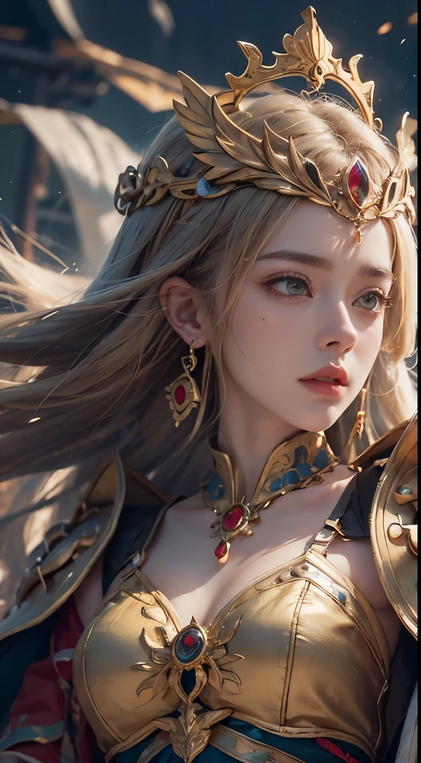 masterpiece,8k,Super detailed,highest quality,battlefield,(background:The warriors are fighting,Red Warrior,Green Warrior,Jumping,hacka,slush),(Middle Way:The queens are fighting,Blonde queen,Amber Heard,Black-haired queen,Park Bo-young,Fighting Pose),The lighting is dark and gloomy,Exquisite gold armor,Beautiful gold crown,An intricately carved silver sword,An elaborate eagle helmet.