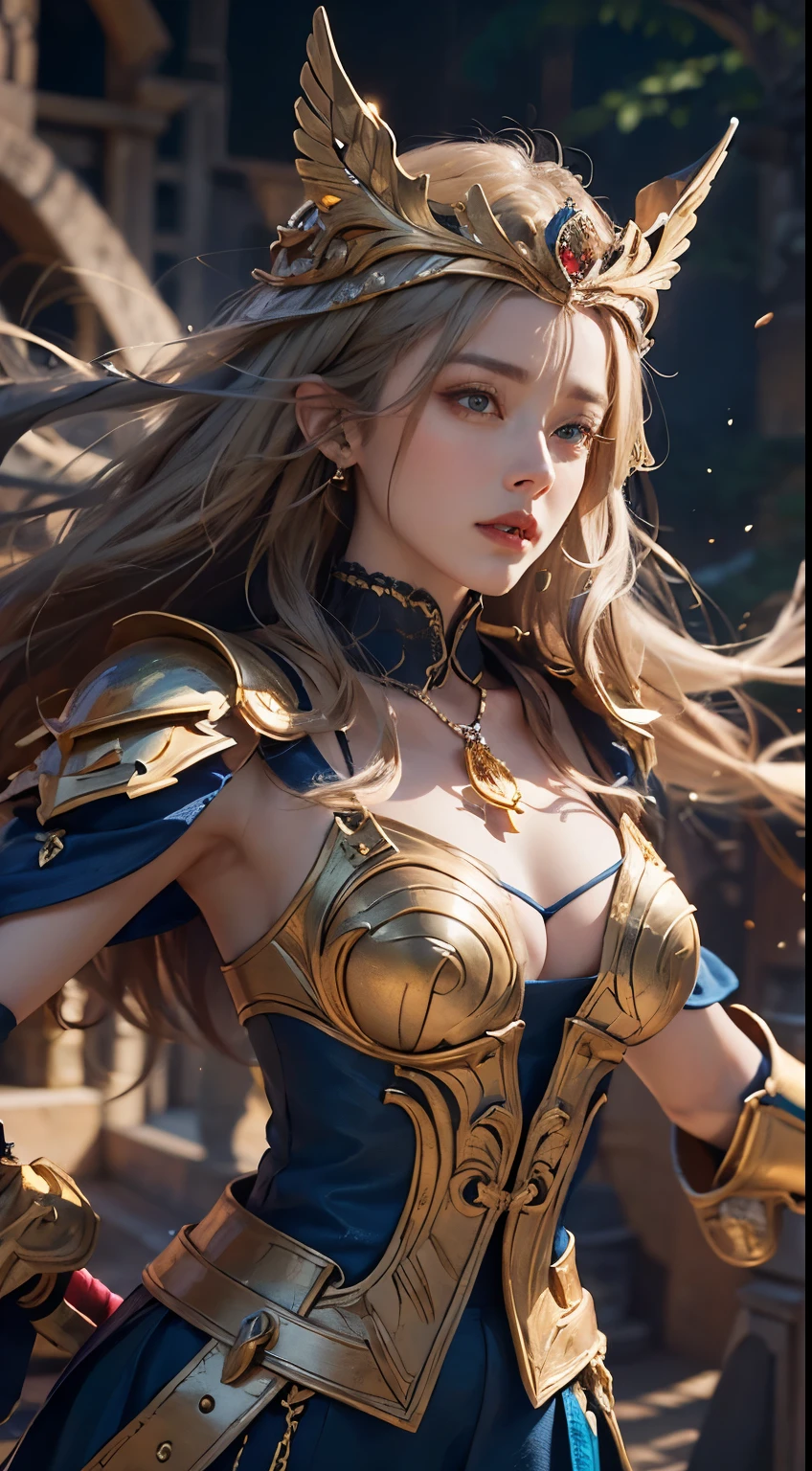 masterpiece,8k,Super detailed,highest quality,battlefield,(background:The warriors are fighting,Red Warrior,Green Warrior,Jumping,hacka,slush),(Middle Way:The queens are fighting,Blonde queen,Amber Heard,Black-haired queen,Park Bo-young,Fighting Pose),The lighting is dark and gloomy,Exquisite gold armor,Beautiful gold crown,An intricately carved silver sword,An elaborate eagle helmet.