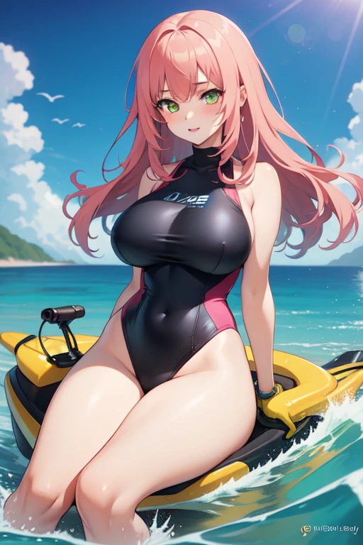 creates a 20-year-old anime girl on a jet ski with ample hips and big breasts wearing a yellow swimsuit with a landscape of waves and beach pink hair and green eyes