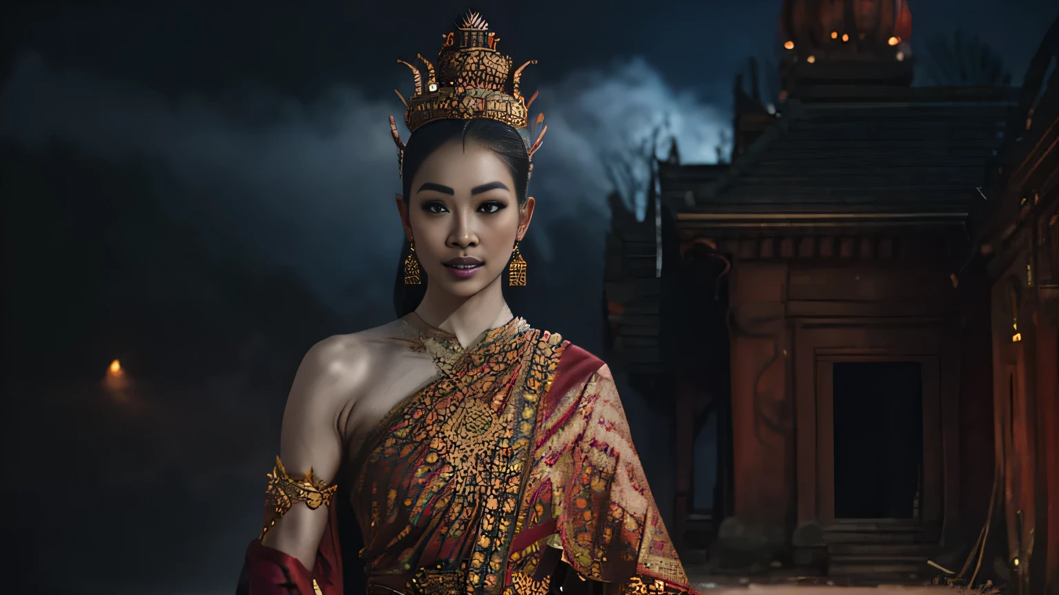 (best quality, photo-realistic), rich Thai woman, red ancient Sukhothai costume, loincloth, ornaments, culture, colorful, exquisite details, fine hand embroidery, intricate headdress, traditional makeup, majestic pose, foggy night, ancient abandoned house background, nighttime, quiet, tense, eerie, dark, historical blend, lotus flowers decorate the surroundings, aesthetic balance