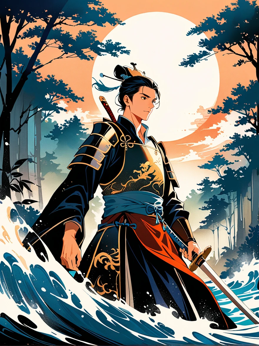 Ink Painting，Male knight on the water，Wearing intricate Chinese Tang Dynasty Mingguang armour，Bamboo forest behind，sword，landscape，Ultra-high resolution，Freehand Style，Majestic，Natural light，Night Focus