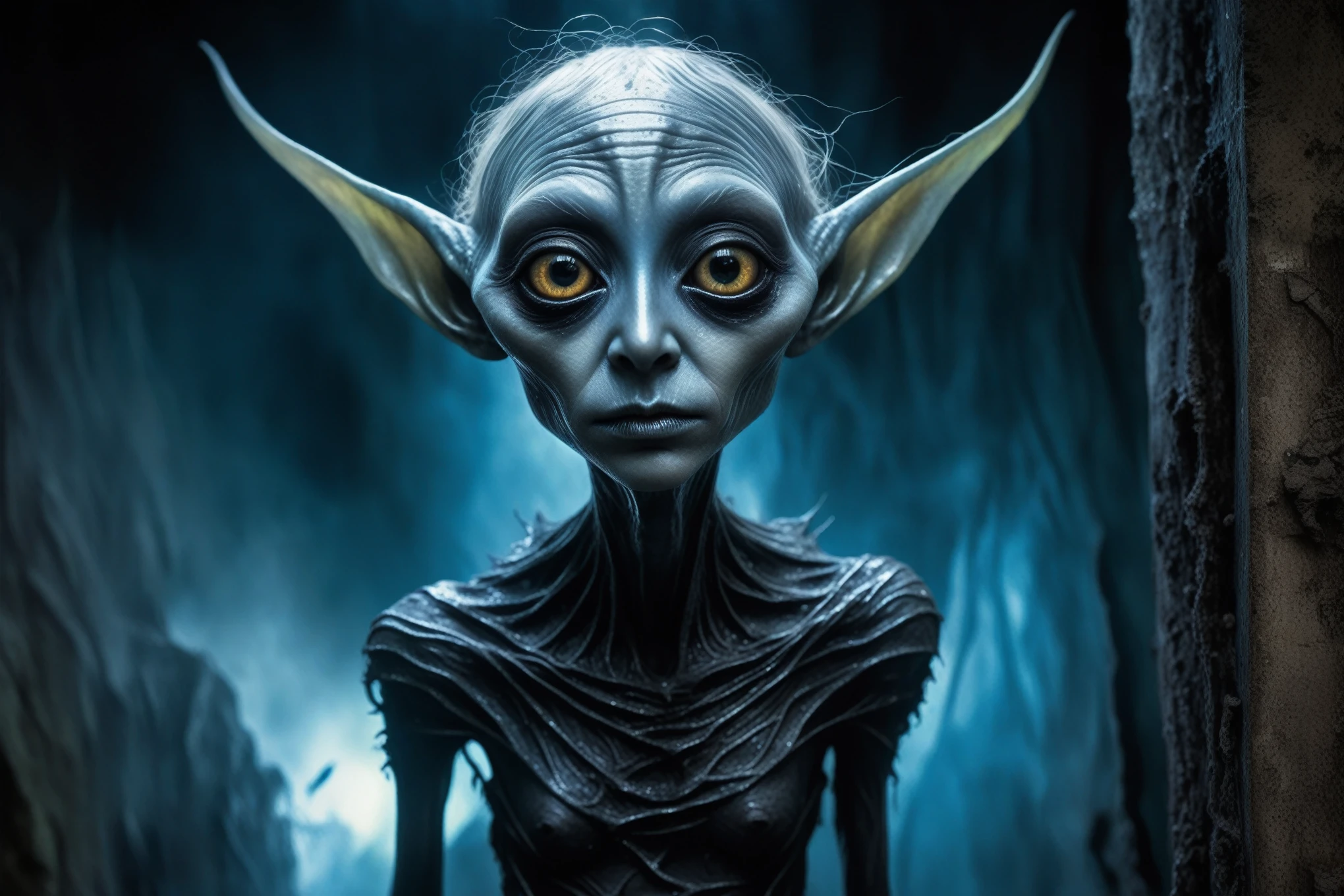 full body length shot,beggar deepest niobium Manganite The Alien Entity,native italian babychild, wants eat,survival in criminal city of future, Technicolor,natural skin textures, hyper realism, hyper detailed,Extremely detailed,High contrast,Masterpiece,Realistic,Ultra Detailed, intricate details,realistic humid leather,extremly intricate,Epic Realistic, cinematic style,irina yermolova,high contrast,hdr,extremely detailed, deep night landscape,masterpiece,intricate details,faded,eyes extremely detailed, high detailed eyes,8k resolution,RAW,retina, Nikon Z9,China,orc,Li River in Guangxi Zhuang of China,tkt style, pointed ears，perfect, Elf，transition between two art styles, Ink painting to photorealism, Double contact, X-ray, Creative, vivid light, masterpiece, fantasy, Abstract, Surrealism, super detailed, high resolution, stop:35;(((creature with a spectral and ghostly appearance)). Her skin is pale, almost translucent. His eyes shine with a bluish glow, he wears dark, torn clothes that float around him, as if permeated by an aura of mourning. Its appearance is complemented by details such  symbols of mourning and gothic elements, further emphasizing its dark air. is portrayed as a haunted and tormented entity,{creature}
