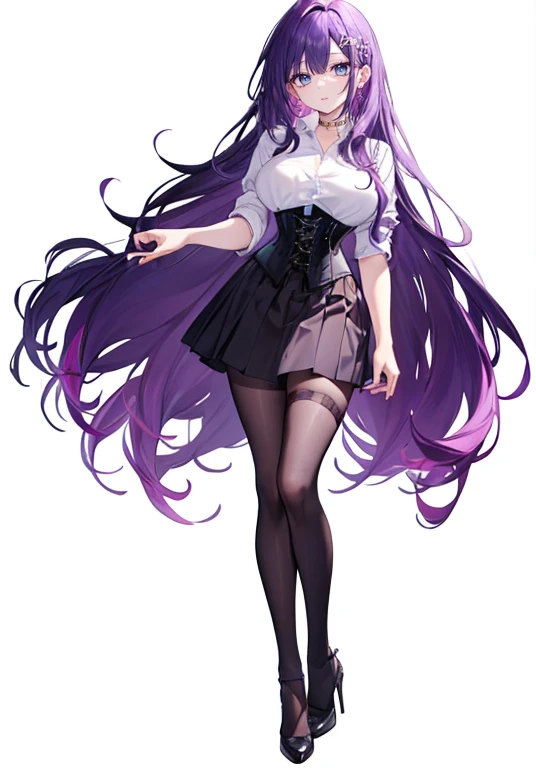 ((Perfect Face)),Purple Hair,long hair,Adult female,White shirt,((Shirt with rolled up sleeves)),(((Roll up your sleeves))),((corset)),skirt,(High heels),((Simple White Background)),((full body)),((Full Body)),