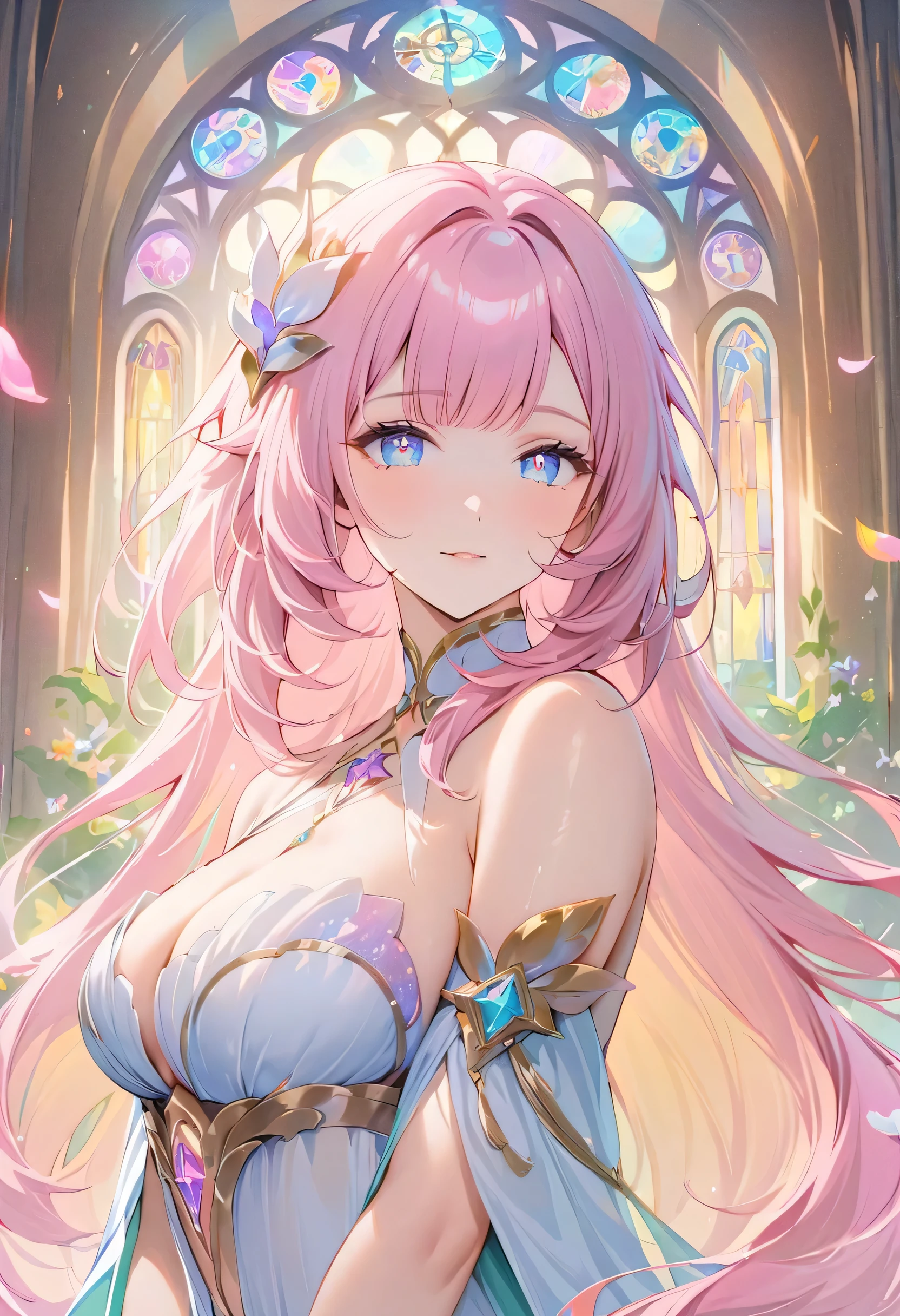 (best quality,4k,8k,highres,masterpiece:1.2),1girl,elysia,wearing simple white goddess gown,very long hair,large breasts,ultra-detailed,realistic:.75,grand cathedral with stained glass clock,body details,delicate,vibrant color palette,hourglass figure,elegant curves,delicate engravings,effects of light and shadow,sparkling gemstones,flower petals falling,emerald accents throughout,springtime essence,ethereal atmosphere,peaceful,serene,soft sunlight filtering through colored glass,lush greenery,vividly colored blossoms,impeccable craftsmanship,transcendent beauty,awe-inspiring artwork,face focus,dsmile:.25,eye focus