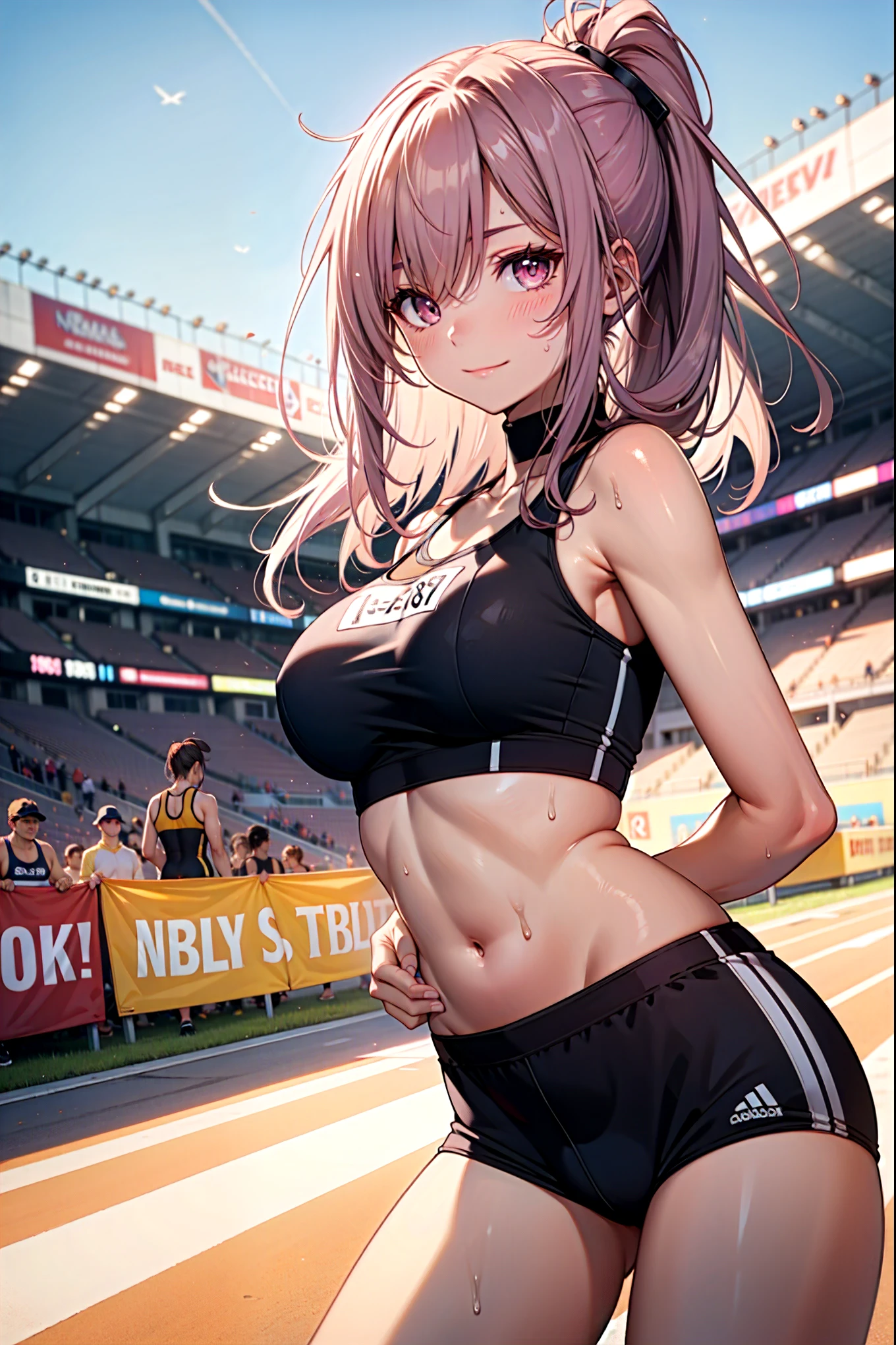 8K Wallpaper, masterpiece, best quality, illustration, looking at viewer, cowboy shot, 1 woman, solo, 20 yo, from below:1.3, BREAK(pink hair), (pink ponytail), pink eyes, blush, (grin:0.5), (happy:0.9), medium large breasts, rocket bit, (standing pose, Spread legs), sweaty0.8, BREAK Shiny skin, (track uniforms, Sportswear, sports bras, sports bikinis:1.3), colourfull, BREAK(5884:1.4, Add bib number), BREAK(Outdoor athletics stadium), camel toe:1.4,