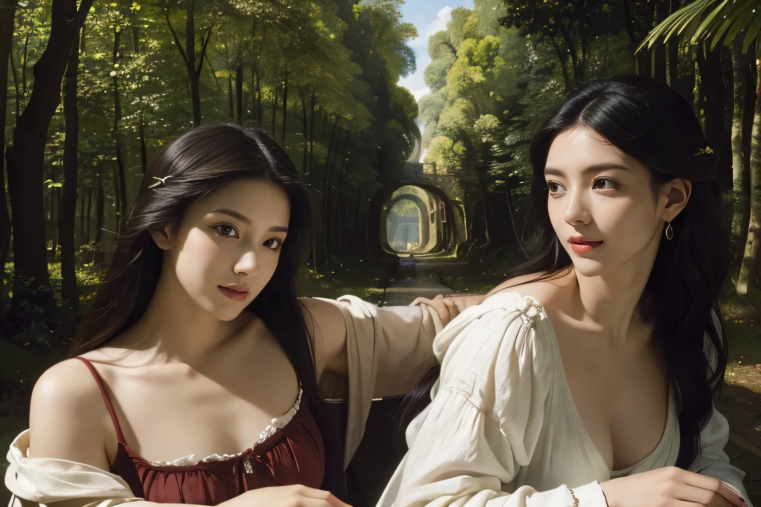Giorgione painting style,Barbizon forest A beautiful woman in Greek dress smiles on the shore,Sweet and seductive appearance.、Caravaggio's paintings、Chiaroscuro of Caravaggio、hair tousled by the wind,Two women frolicking,cute smile, expression of ecstasy,Sexy,erotic, full body portrait