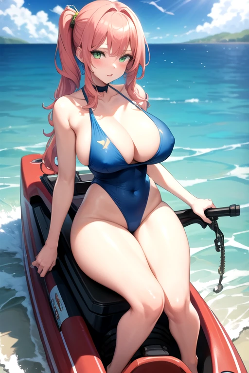 creates a 20-year-old anime girl on a jet ski with ample hips and big breasts wearing a yellow swimsuit with a landscape of waves and beach pink hair and green eyes