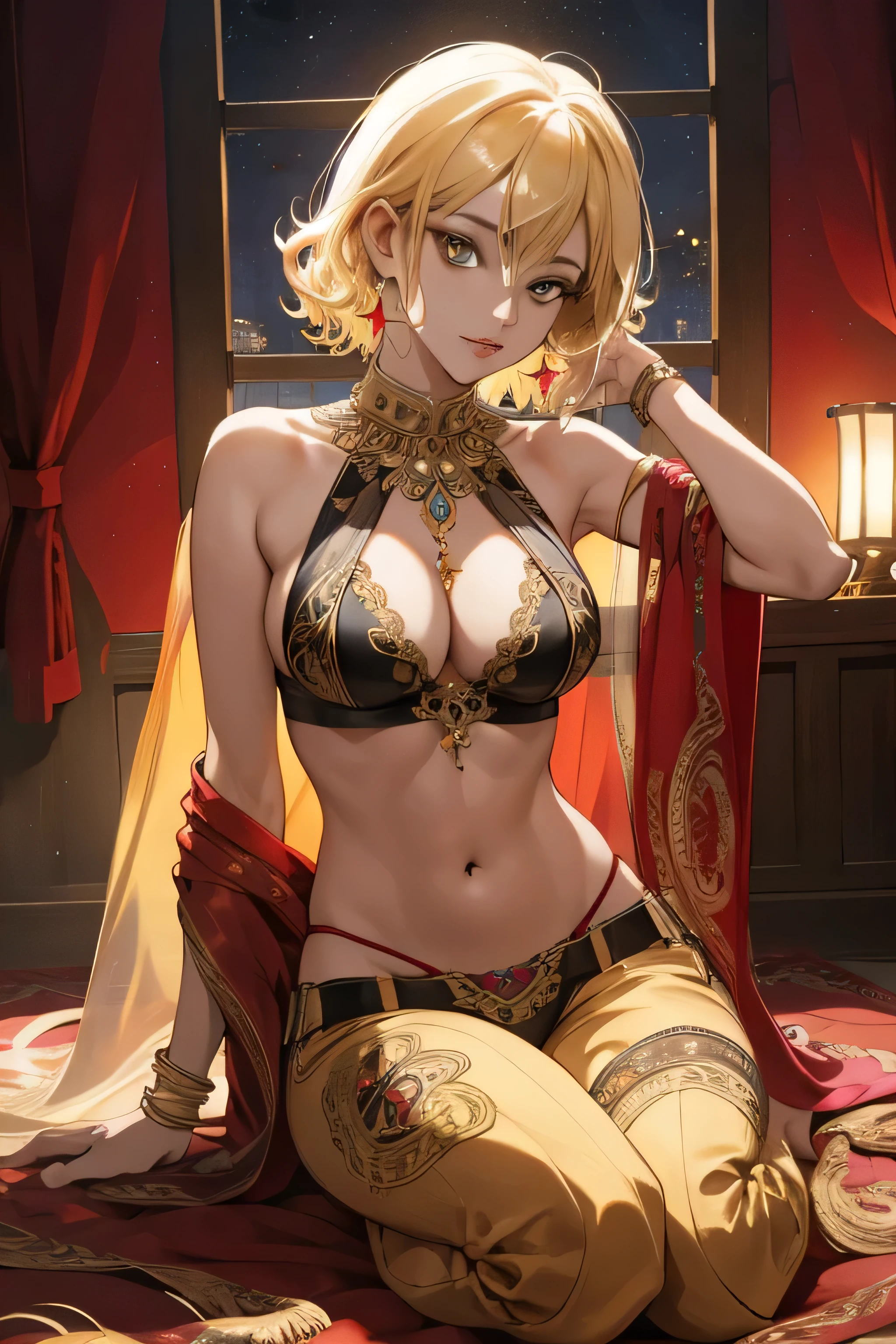 A cute erotic beautiful young matured girl with tanned skin, short curly blonde hair, and striking facial features. She is wearing an ornate belly dancer outfit with a cropped top that reveals her toned midriff and colorful flowing pants. She has an exotic and alluring look, with eyes lined with kohl and gold jewelry adorning her. Her expression is confident and her body language is graceful, Intricate henna designs on her hands and feet., whorehouse, Surrealism, anime style, depth of field, 8k, super detail, high details, Cinematic lighting, night time, shadow over face, Close-up, angle from the bottom up, hyper HD, Masterpiece, High details, detailed light, detailed shadow, detailed background.