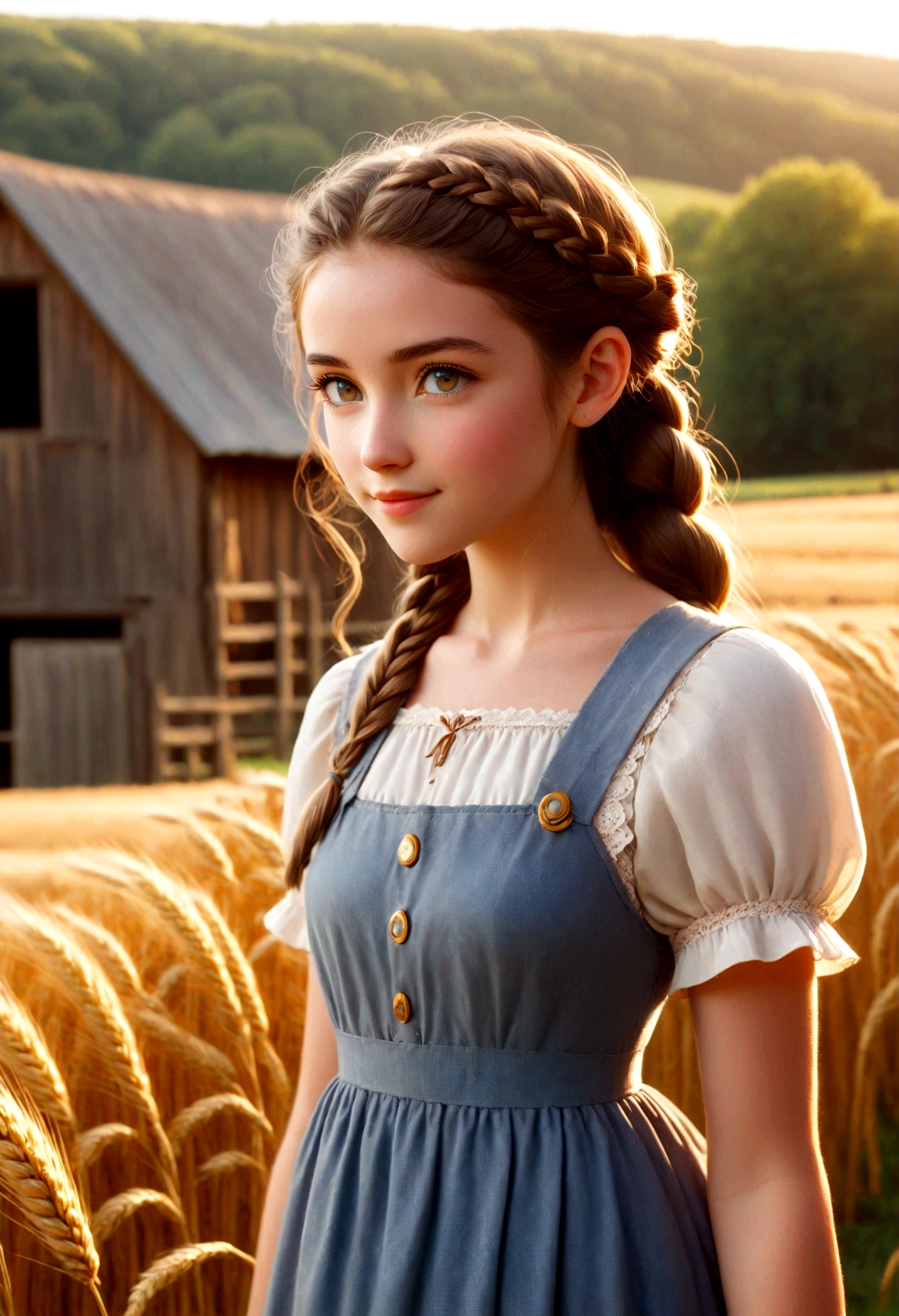 1girl, 20 years old, tall and attractive, wearing a cute country dress, hair braided, standing in a rustic farm setting. She has a soft, gentle smile and expressive eyes. In the background are charming barns, golden wheat fields and clear blue skies. The composition should be bathed in warm golden hour light, with soft depth of field and soft bokeh to accentuate the idyllic tranquility. Capture images as if they were shot on vintage 35mm film for added oomph, filmg,