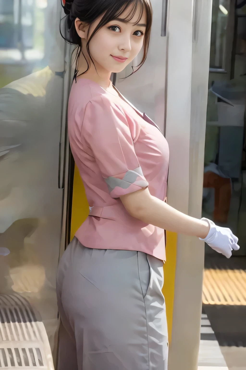 (masterpiece:1.2, highest quality:1.2), 32K HDR, High resolution, (alone、1 girl)、(On the rooftop of a building in the daytime、Professional Lighting)、Building rooftop background、(Nankai train crew uniform pinkを着たリアルスタイル)、(Nankai train crew uniform pink short sleeve pink jacket、Nankai Train Crew Uniform Pink Collarless Short Sleeve Blouse、Nankai Train Crew Uniform Pink Grey Knee-length Culottes)、Dark brown hair、(Hair tied up、Hair Bun、Hair Bun)、Dark brown hair、Long Shot、Big Breasts、Thin legs、((Great hands:2.0)),((Harmonious body proportions:1.5)),((Normal limbs:2.0)),((Normal finger:2.0)),((Delicate eyes:2.0)),((Normal eyes:2.0)))、smile、(Nankai Train Crew Uniform Pink Grey Knee-length Culottesを見せた美しい歩く姿)、Keep your hands natural、Wearing gloves