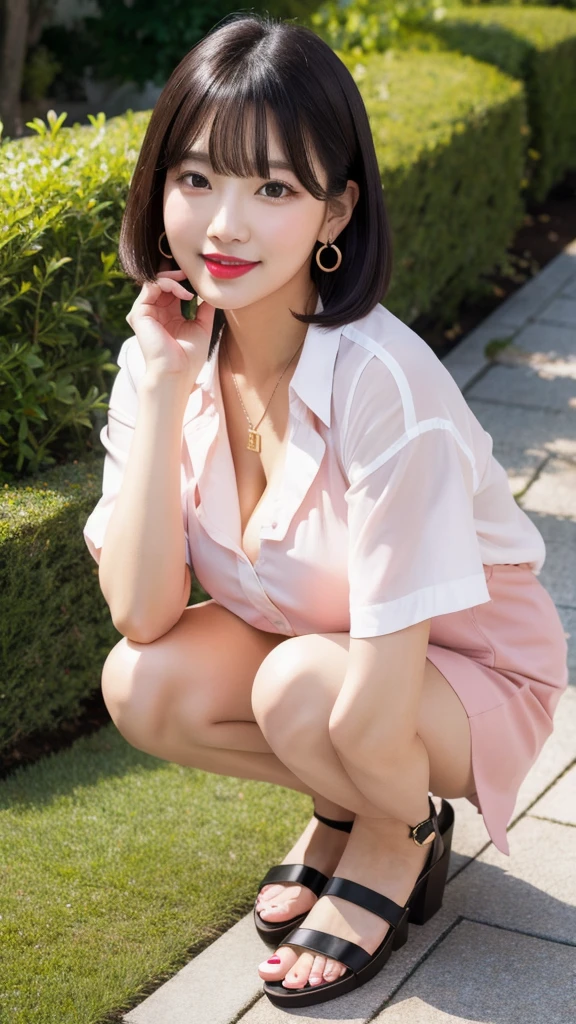 (8k, Photorealistic, Raw photo, Highest quality: 1.4),Japanese idol style1Beautiful girl of the person,18-year-old,Short bob hairstyle,Black Hair,She has her hair tucked behind her ears,She has small earrings in her ears,Big, clear grey eyes,Long eyelashes,Plump Cheeks,She is wearing pink lipstick,Apply gloss over your lipstick for glossy, plump lips,Smiling,A short pendant is hanging around her neck.,The nails on both hands are painted with light pink nail polish.,Both toenails have red nail polish,He is wearing a white short-sleeved dress shirt on bare skin.,Unbuttoned to reveal cleavage,Wearing a pleated skirt,wearing sandals on bare feet,garden,Standing posture,Angle from the front,Full body portrait
