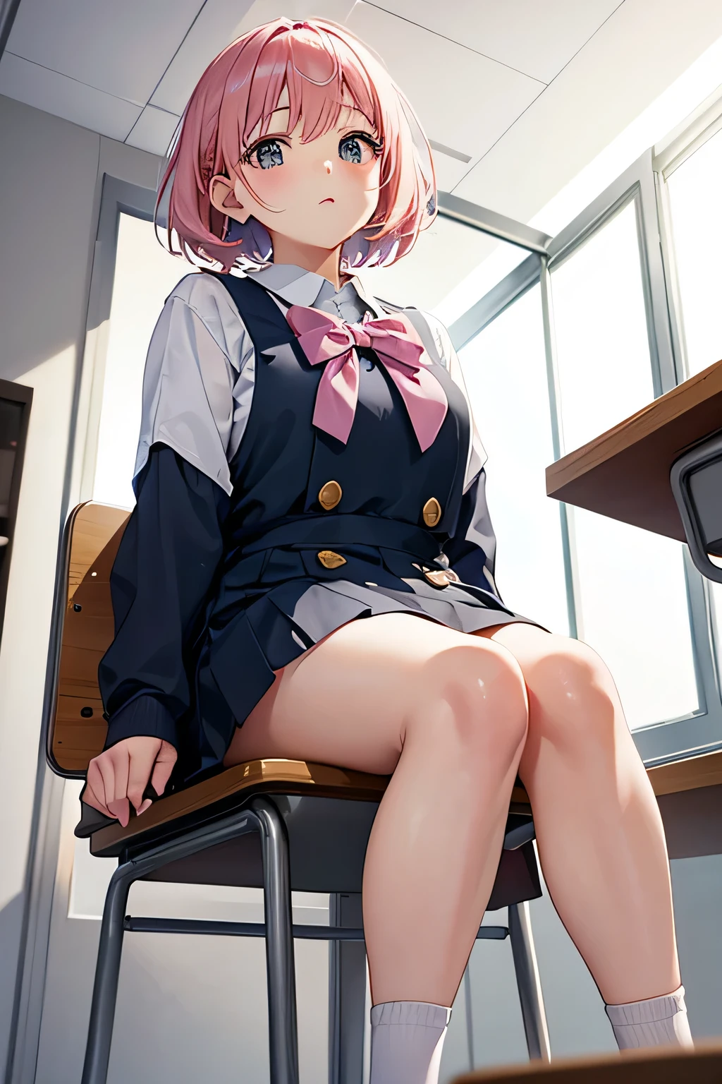 to loveるのモモ、Pink hair short cut、A plump girl in a uniform、Big 、Angle looking up from below、In the classroom、Sitting on a chair、M-shaped legs