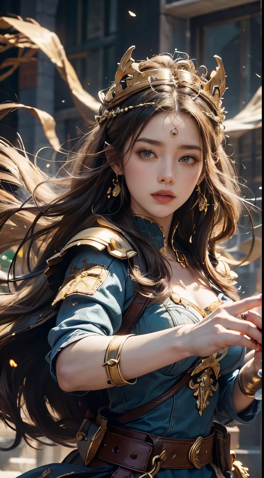 masterpiece,8k,Super detailed,highest quality,battlefield,(background:The warriors are fighting,Red Warrior,Green Warrior,Jumping,hacka,slush),(Middle Way:The queens are fighting,Blonde queen,Amber Heard,Black-haired queen,Park Bo-young,Fighting Pose),The lighting is dark and gloomy,Exquisite gold armor,Beautiful gold crown,An intricately carved silver sword,An elaborate eagle helmet.