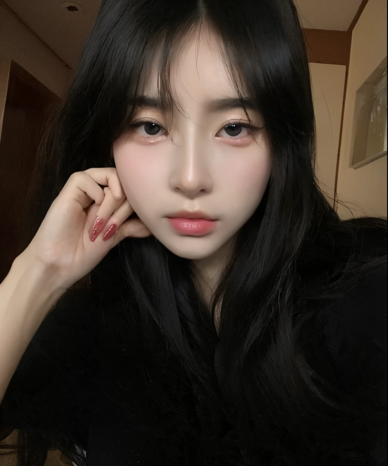 There is a woman with long black hair and a black shirt., Best Face, Brutal Korean Goth Girl, pale, round face, Korean facial features, pale porcelain white skin, Jinyoung Canella, 젊고 사랑스러운 korean 얼굴, maquiagem sul-korean popular, korean symmetrical face, 귀엽고 사랑스러운 korean 얼굴, korean, Pale glowing skin, with a round face, beautiful aesthetic face