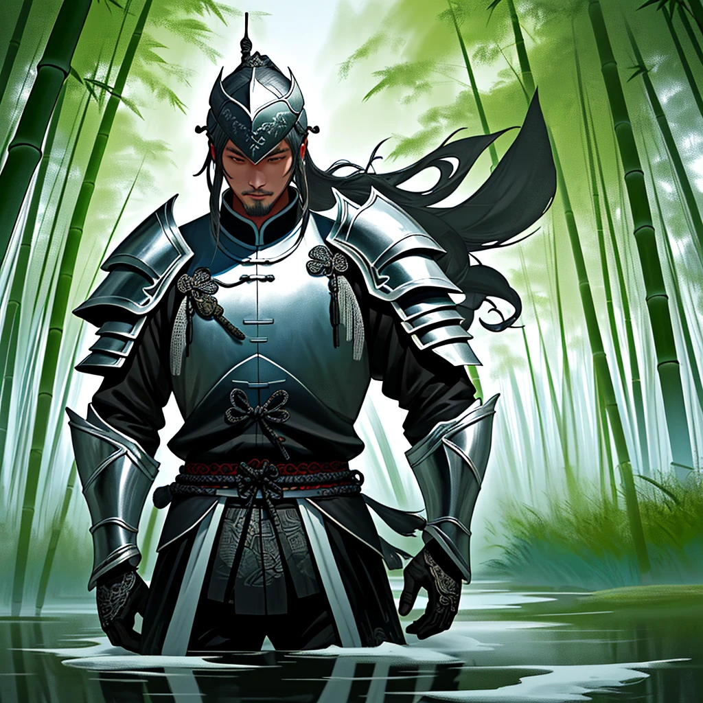 Ink Painting,Male knight on the water,Wearing intricate Chinese Tang Dynasty Mingguang armour,Bamboo forest behind,sword,landscape,Ultra-high resolution,Freehand Style,Majestic,Natural light,Night Focus