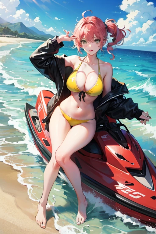 creates a 20-year-old anime girl on a jet ski with ample hips and big breasts wearing a yellow swimsuit with a landscape of waves and beach pink hair and green eyes