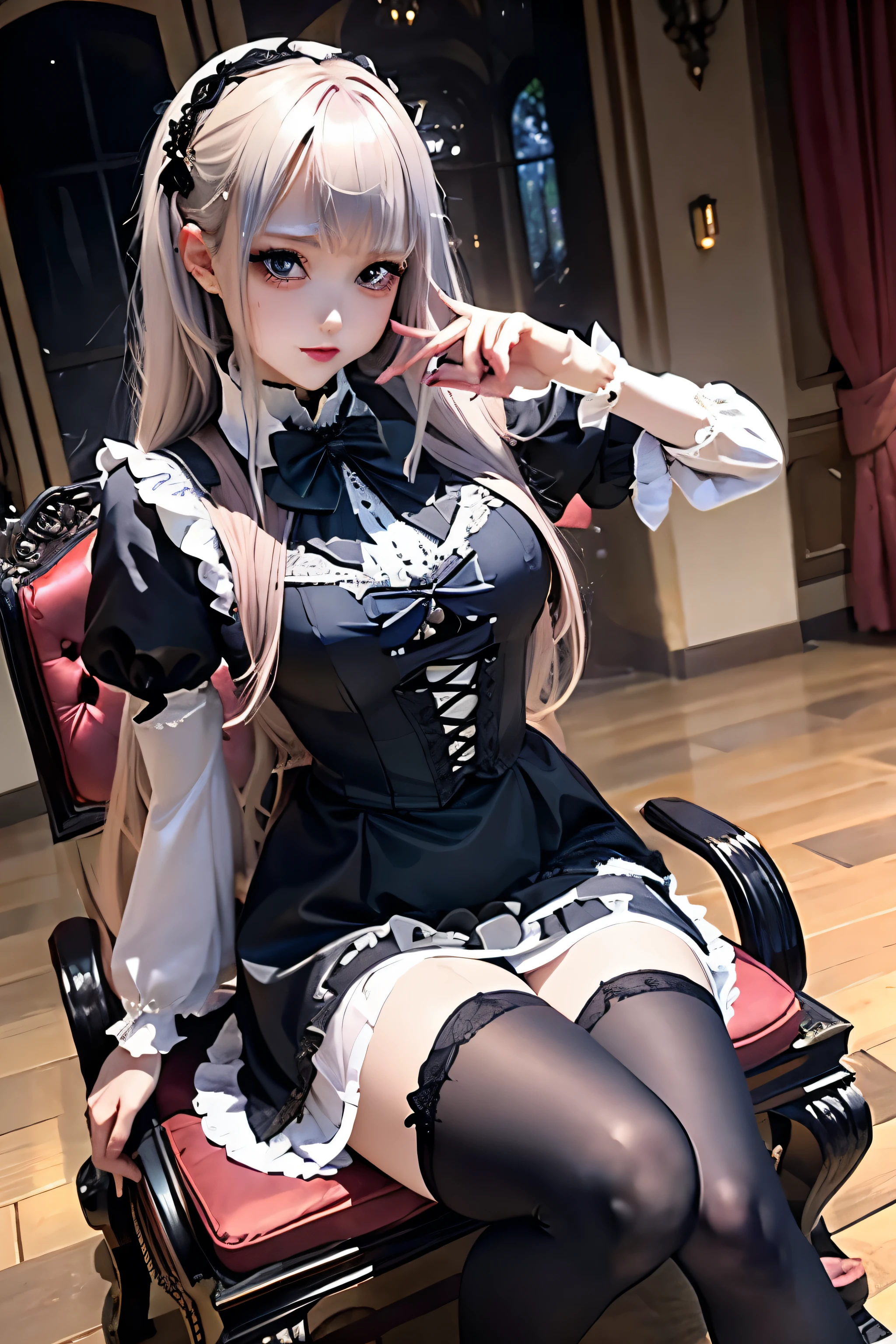 Hard Dark Gothic Makeup、Deep Night Sky、Horror、Black dark eyeshadow、sad、Good skin radiance、Dark Gothicメイク、Dark smile、palace、24-years-old、Embarrassed look、Dark Gothic、Obscene language、highest quality、Drunk face、紫のMaid clothes、Mysterious、Noble、sexy、Loving smile、Right blue eye, Left eye is red、Platform Heel Shoes、Heavy makeup、Gothic ta Clothing、Silver Hair、Long Hair Straight Hair、Cute Gothic Loliress、Beautiful Face、elegant features、Fascinating face、Stained glass is the background、Chest glistening with sweat、The room is dark、gothic long dress、Bell Sleeves、Wizard Sleeve、Decadent look、Sexually excited expression、Glossy thighs wet with water、Thighs that are wet and shiny with oil、Background of a room full of roses、The embroidery is pink、The dress has pink embroidery、Thigh-high socks、Knee-high socks、Gentle expression、Dark black eyeshadow、Stained glass and rose background、Female Duo、Female couple、dark church background、Stained glass、Black metal world、Dark Castle、Slender body、gothic long dress、Maid clothes、Victorian dresses、Her thighs glisten with sweat、My body is wet and shiny、Lots of glitter on the thighs、My thighs are sticky from sweating、Sweat glistens on the thighs, The whole body is sweaty and shiny、Quite sweaty、My thighs are sweaty、My thighs are so wet、My thighs are shining with sweat、A lot of sweat glistens all over the body、Small breasts、Orchestra StageStage、Dynamic Angle、sitting on a gothic chair、Play the violin gracefully、With a violin、Press the violin strings、violinist、orchestra performance、Thin thighs、slender、Violin body and strings、Sit on a chair、pantyhose、