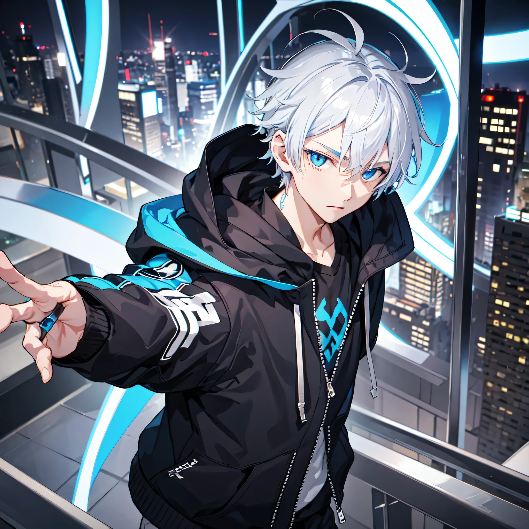 1boy,city,Volcom hoodie,tied hair,beautiful Silver hair,beautiful blue eyes,inner Blue,using piercing,